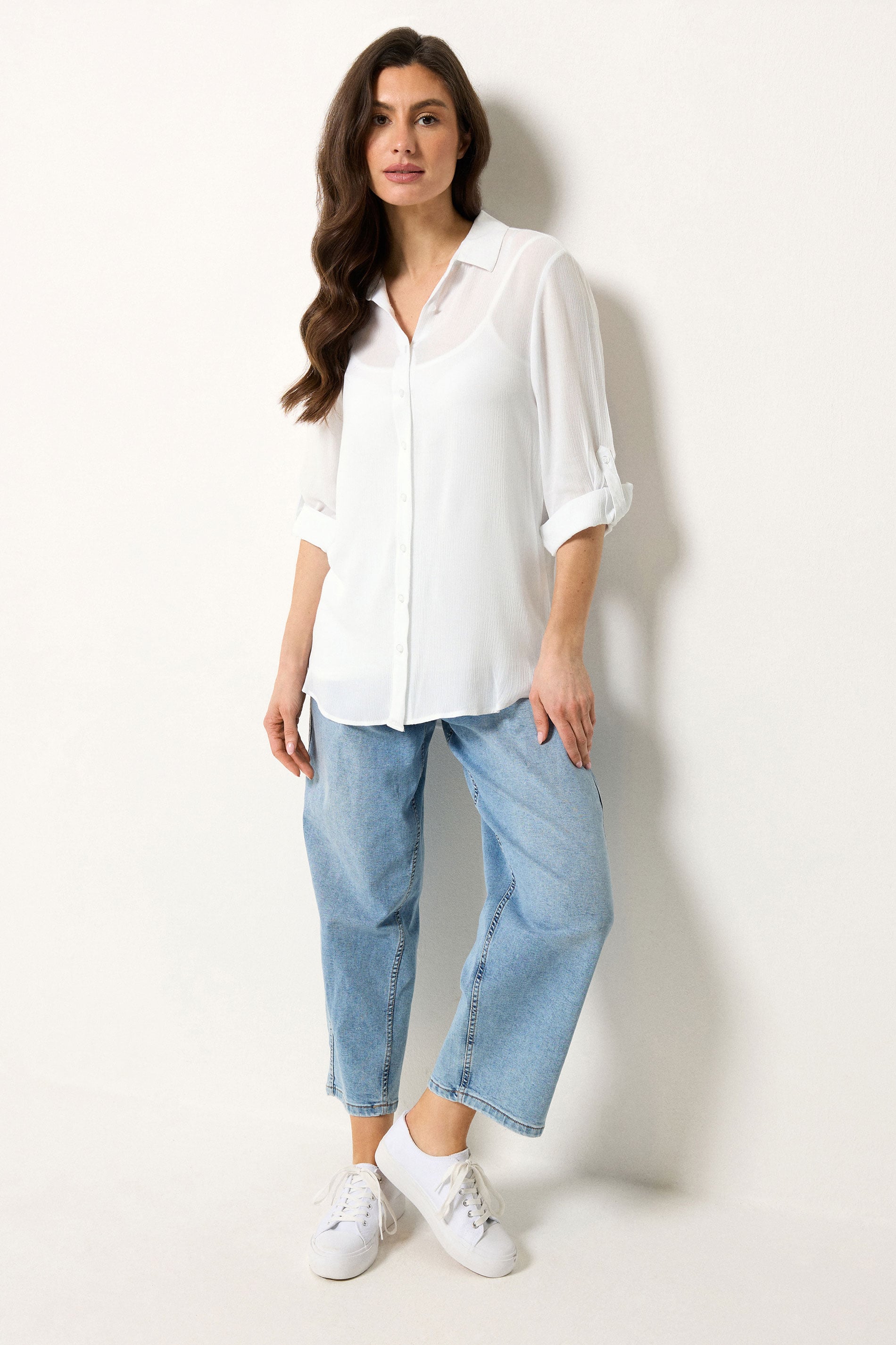M&Co White Crinkle Tab Sleeve Shirt | M&Co 1