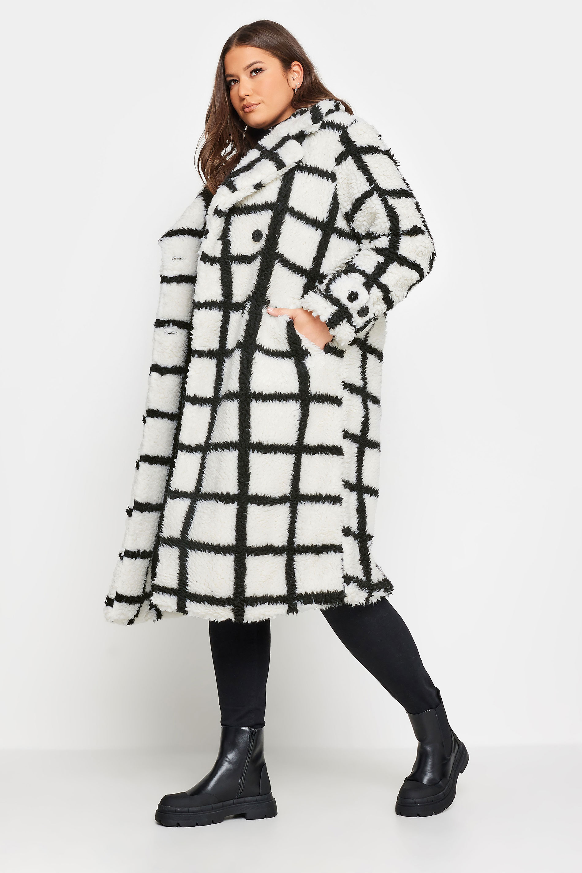 YOURS Curve White & Black Check Teddy Maxi Coat | Yours Clothing 2
