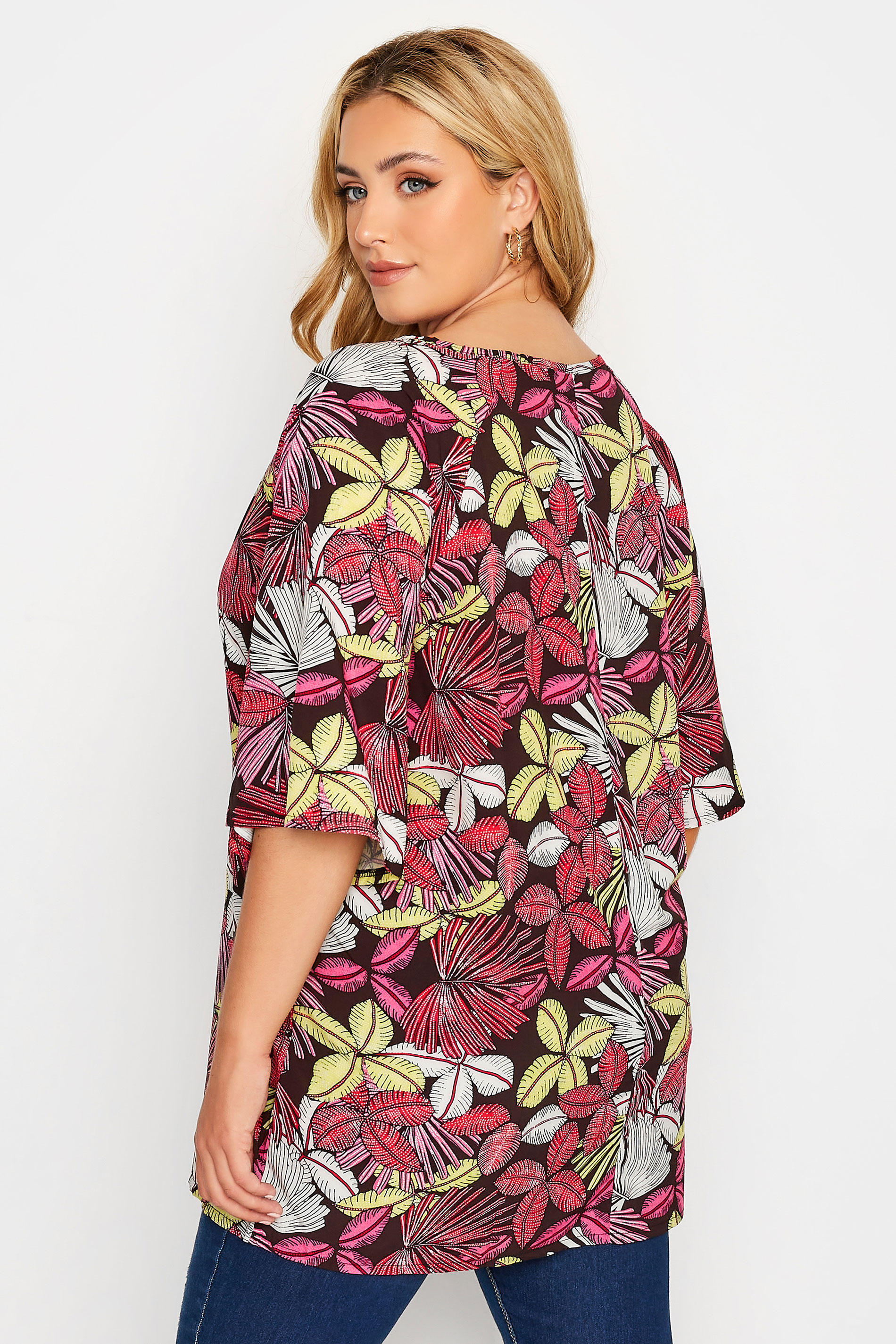 Plus Size Black Tropical Print Tie Neck Top | Yours Clothing 3