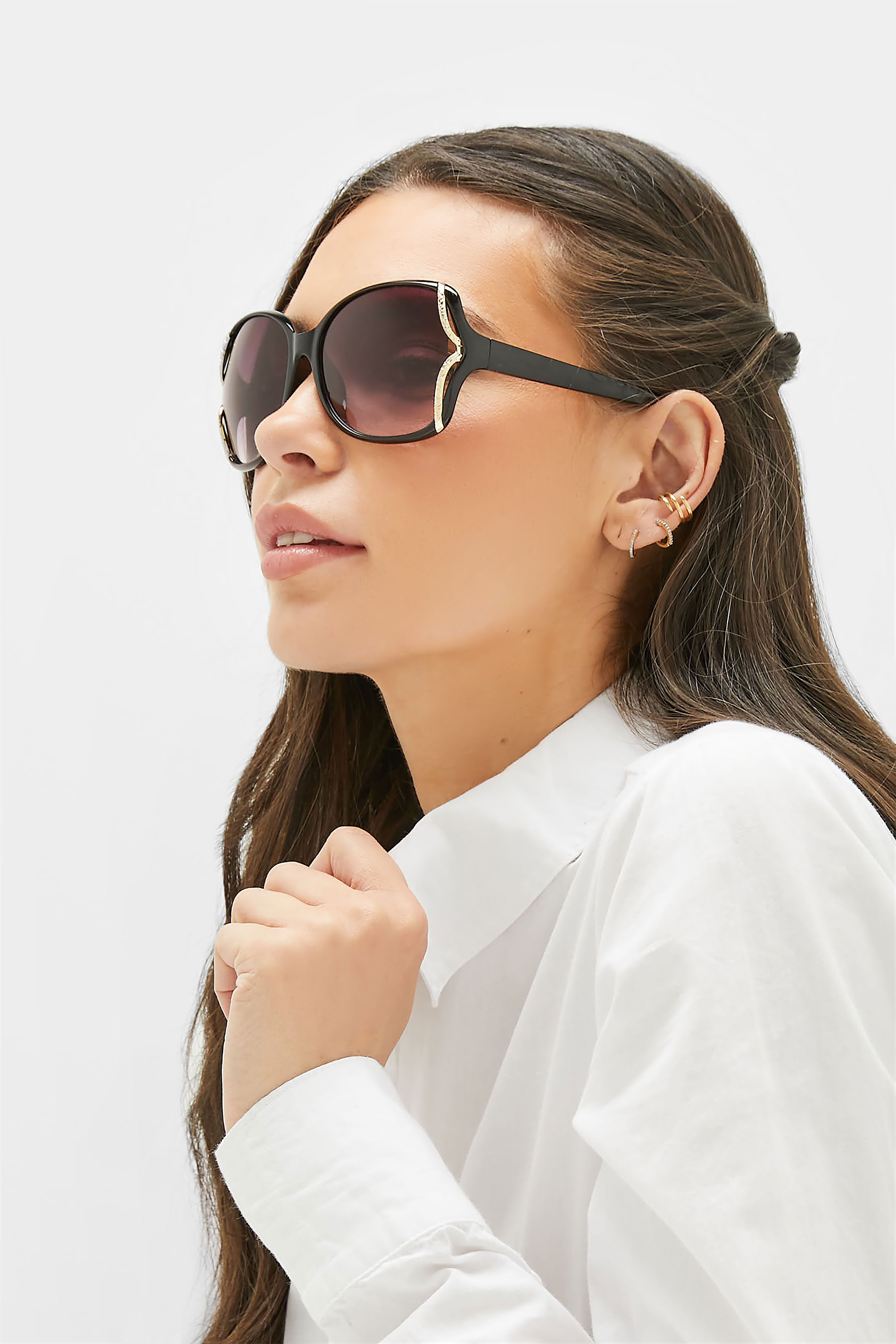 Black Oversized Gold Detail Sunglasses | Yours Clothing 1