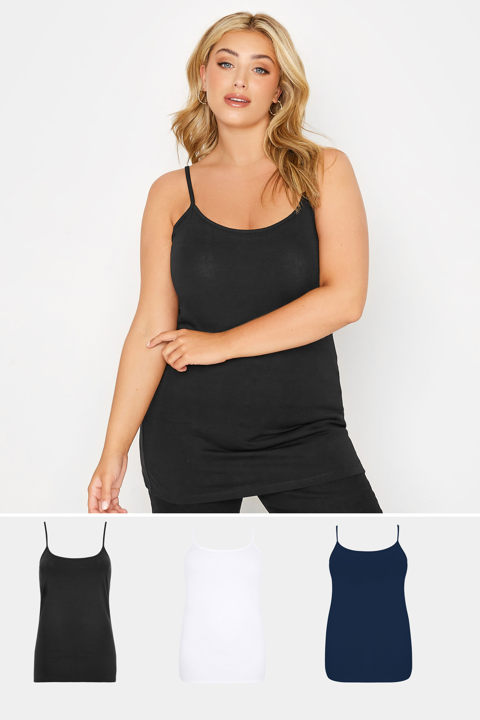  3 PACK Plus Size Black & Navy Blue Cami Tops | Yours Clothing  1