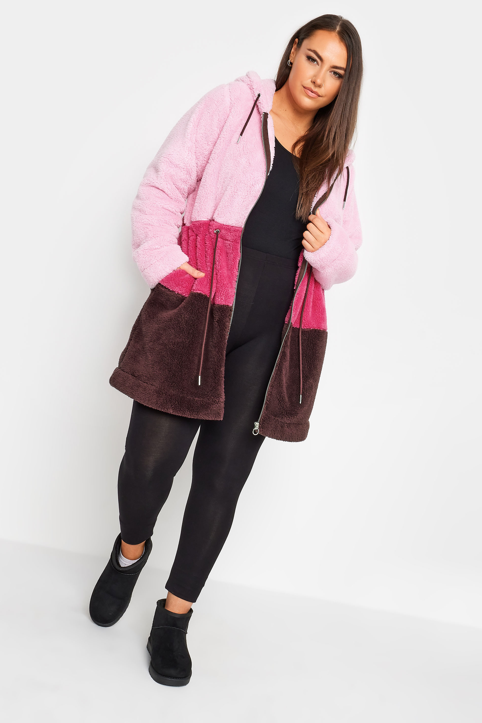 YOURS Plus Size Pink Longline Fleece Zip Hoodie | Yours Clothing 2