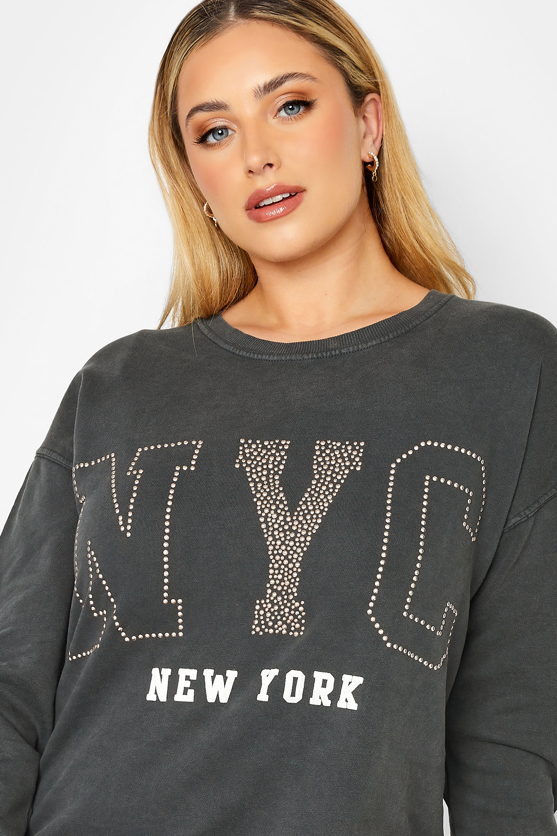 YOURS LUXURY Plus Size Grey Acid Wash 'NYC' Stud Embellished Sweatshirt | Yours Clothing 2