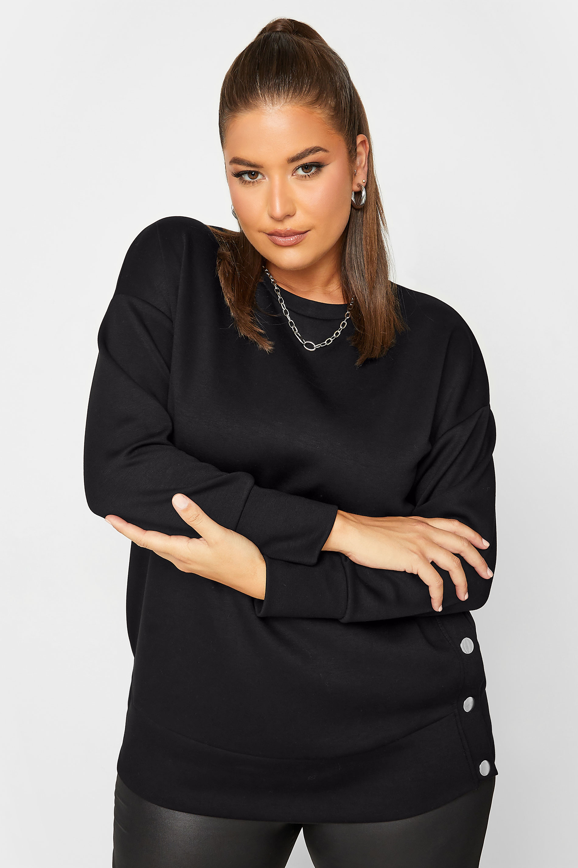 Plus Size Black Button Detail Sweatshirt | Yours Clothing 2
