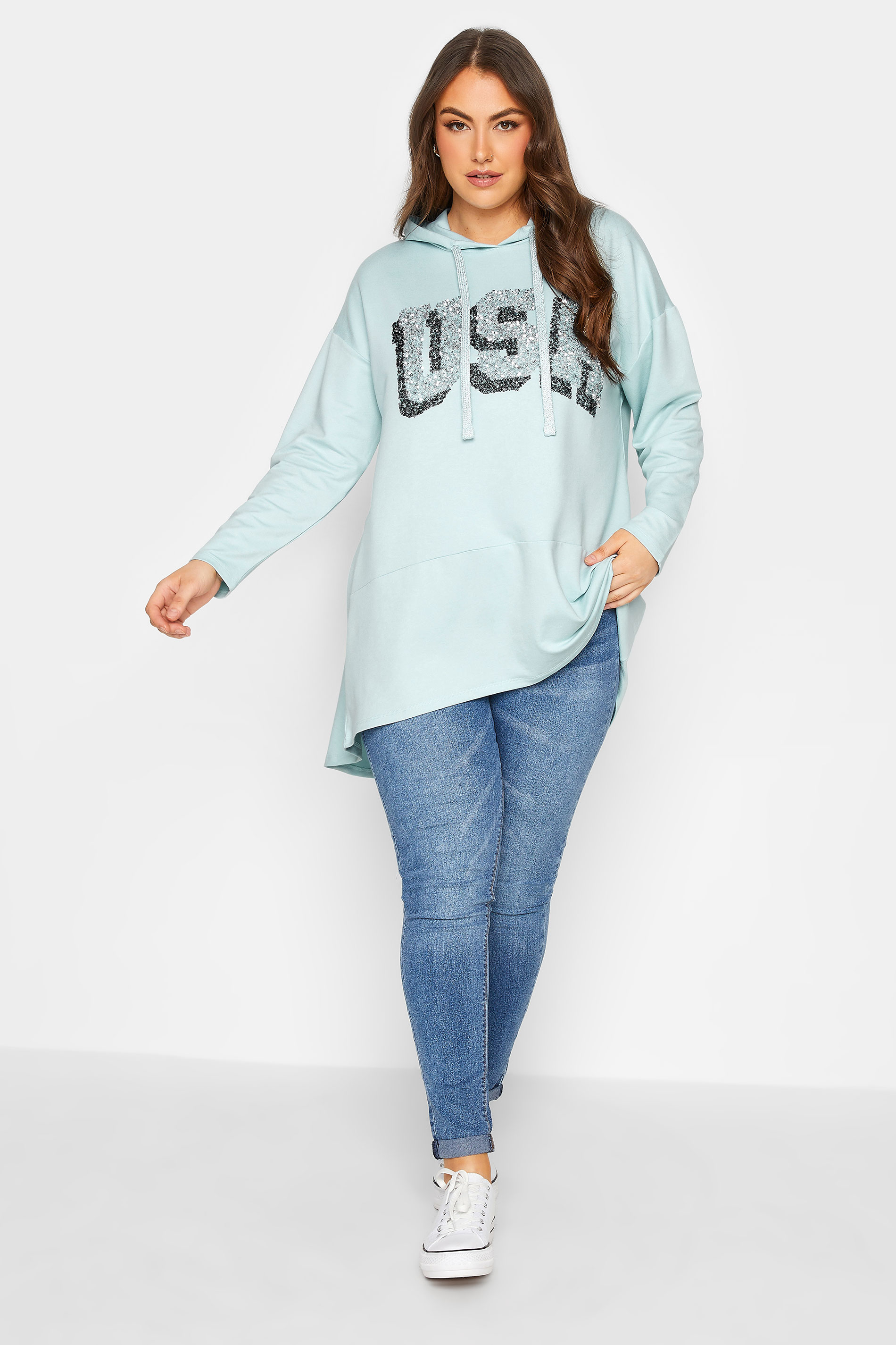 YOURS Plus Size Curve Mint Green 'USA' Slogan Longline Hoodie | Yours Clothing  2
