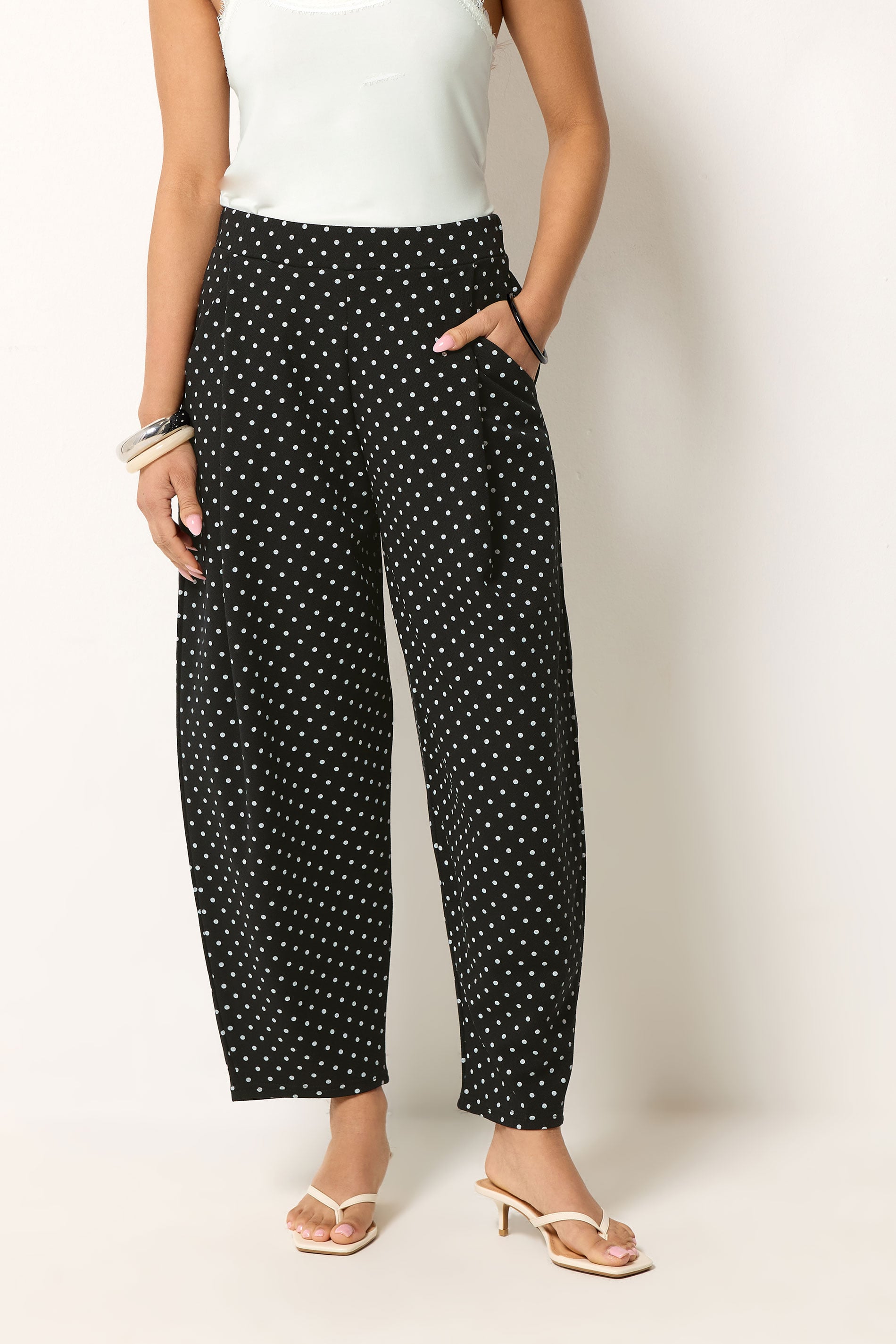 PixieGirl Petite Women's Black Polka Dot Barrel Leg Trousers | PixieGirl 3