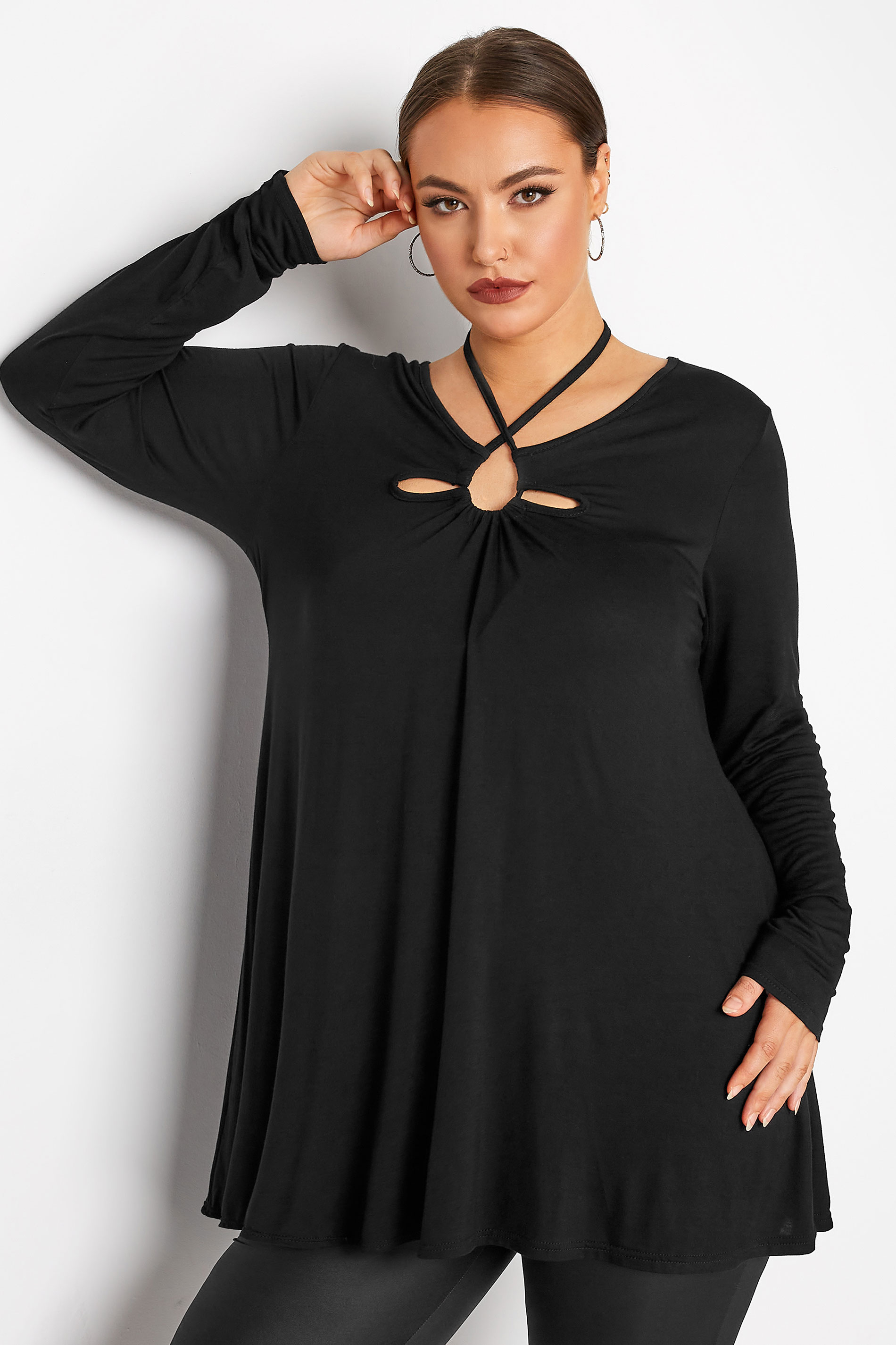 LIMITED COLLECTION Plus Size Black Keyhole Tie Long Sleeve Top | Yours Clothing  1