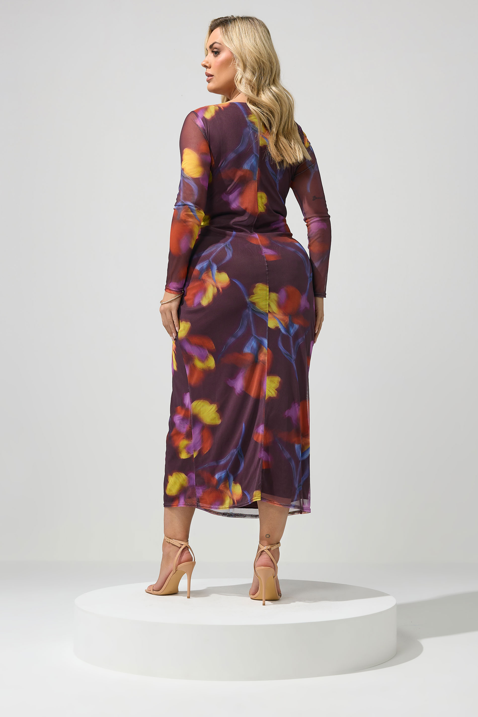 YOURS LONDON Plus Size Purple Abstract Floral Mesh Side Knot Midi Dress | Yours Clothing 2