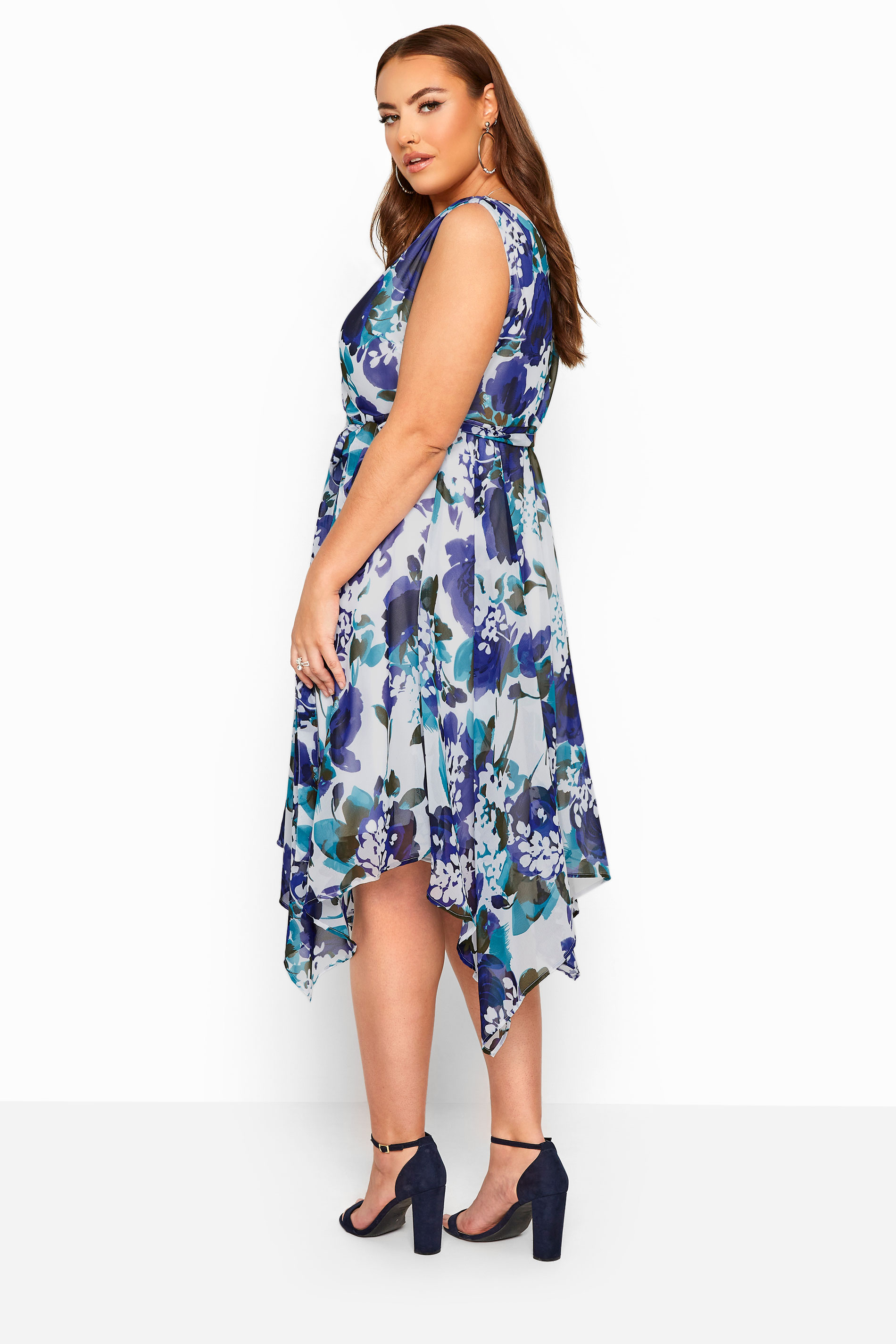 YOURS LONDON Blue Floral Hanky Hem Dress | Yours Clothing