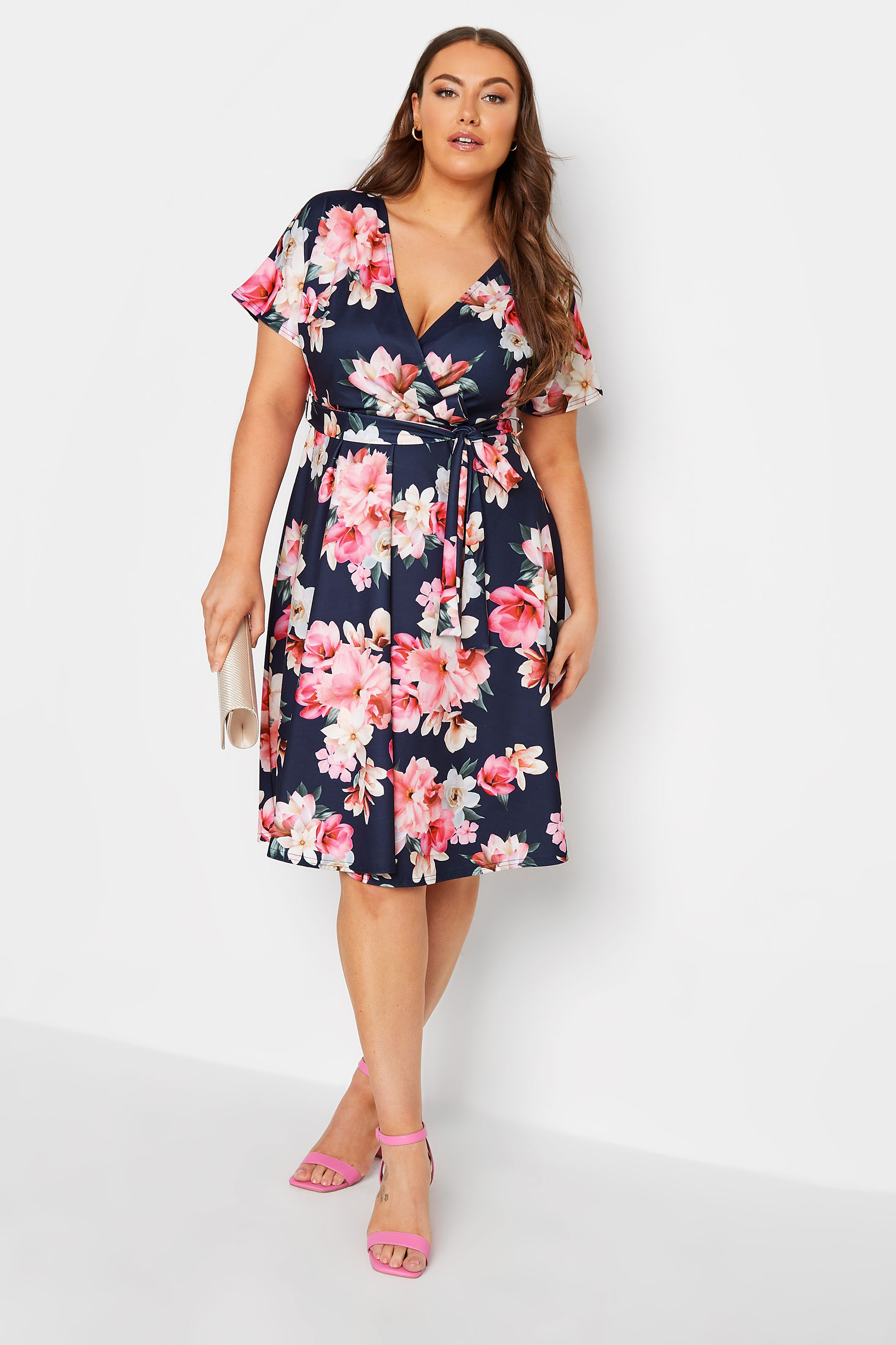 YOURS LONDON Curve Plus Size Navy Blue & Pink Floral Skater Wrap Dress | Yours Clothing 1
