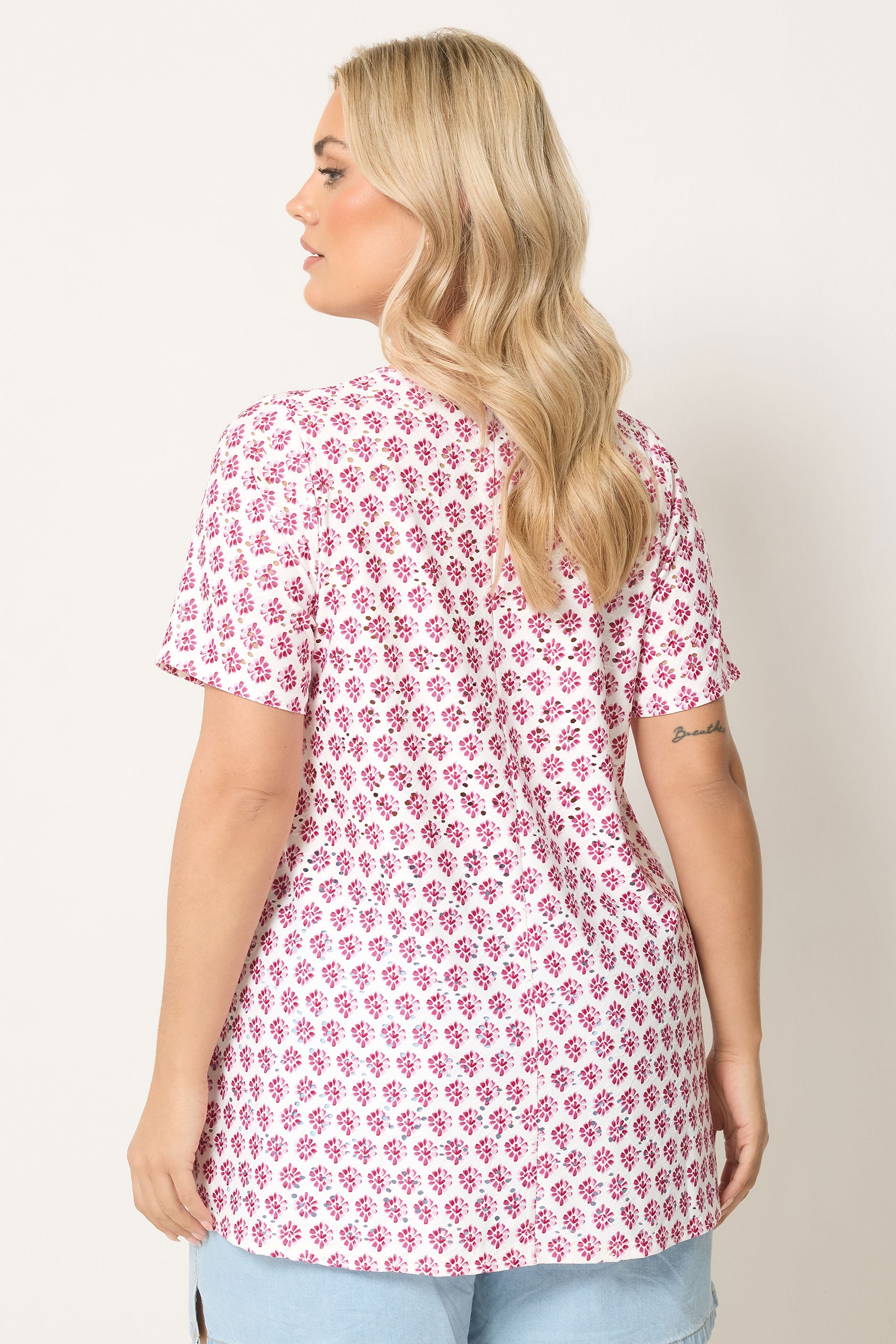 YOURS Plus Size White & Pink Broderie Swing Top | Yours Clothing 2