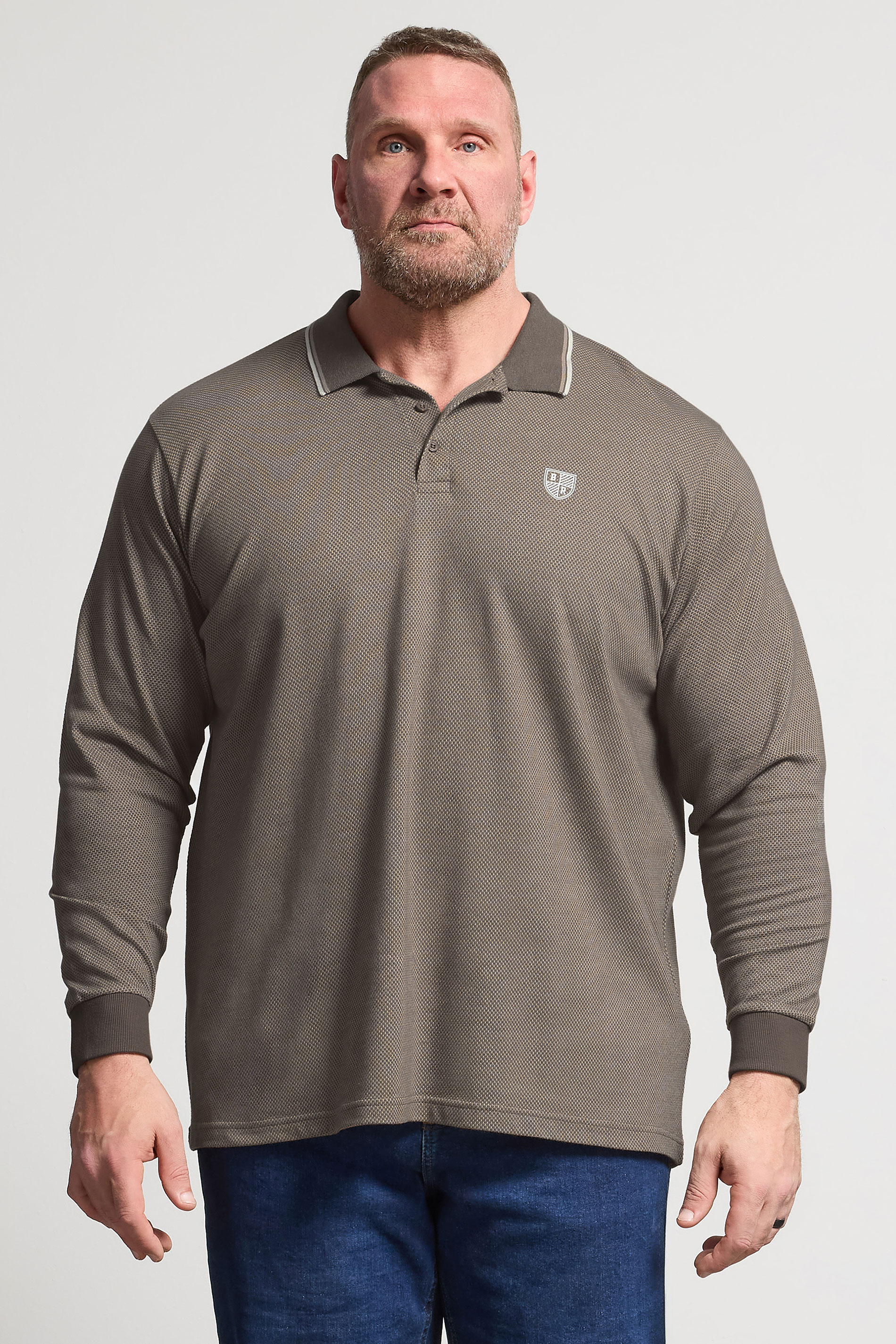 BadRhino Big & Tall Brown Textured Waffle Long Sleeve Polo Shirt | BadRhino 3
