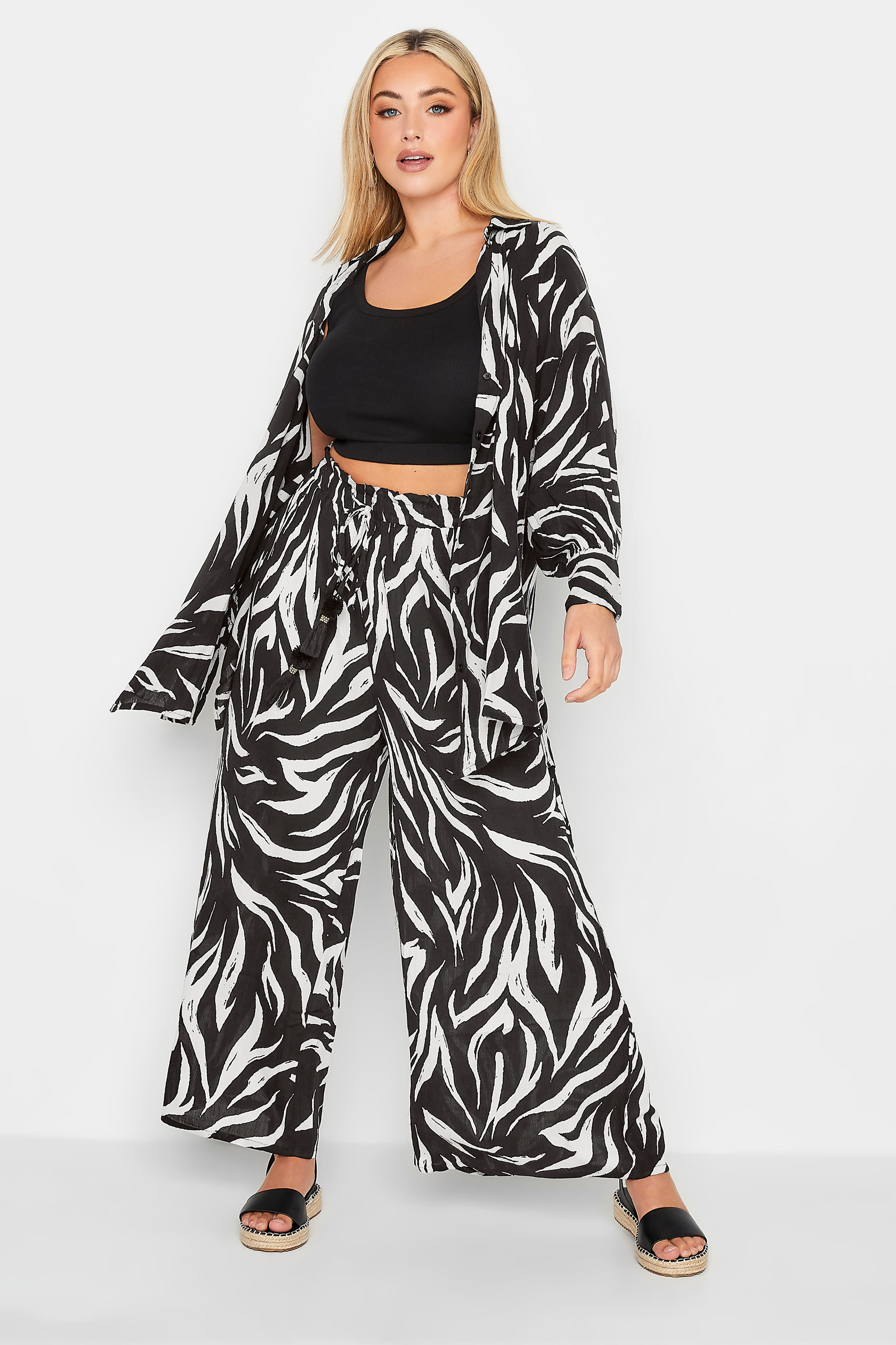 Plus Size Black Animal Print Wide Leg Beach Trousers | Yours Clothing 3