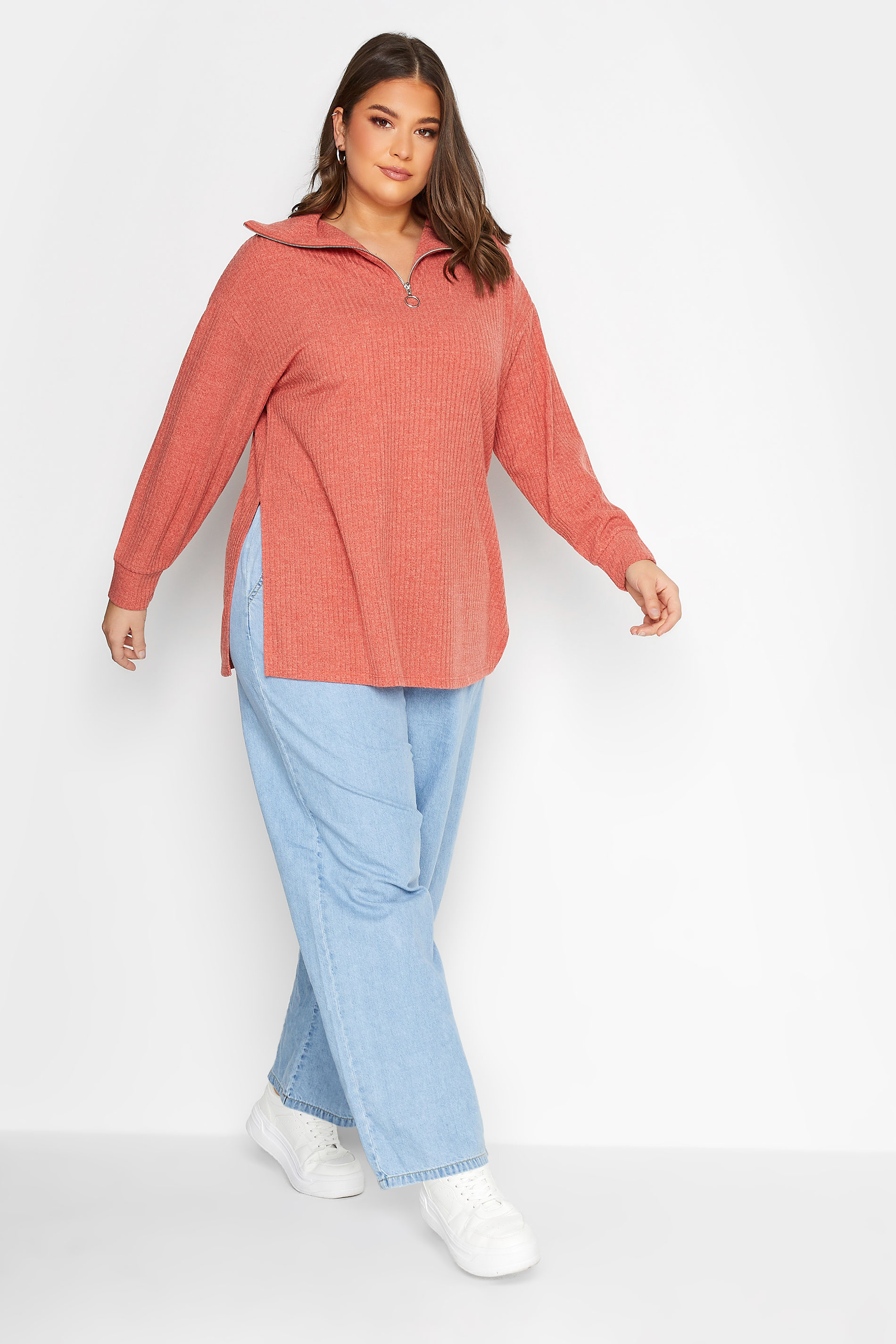 YOURS Plus Size Curve Light Orange Ribbed Half Zip Jumper | Yours Clothing  2