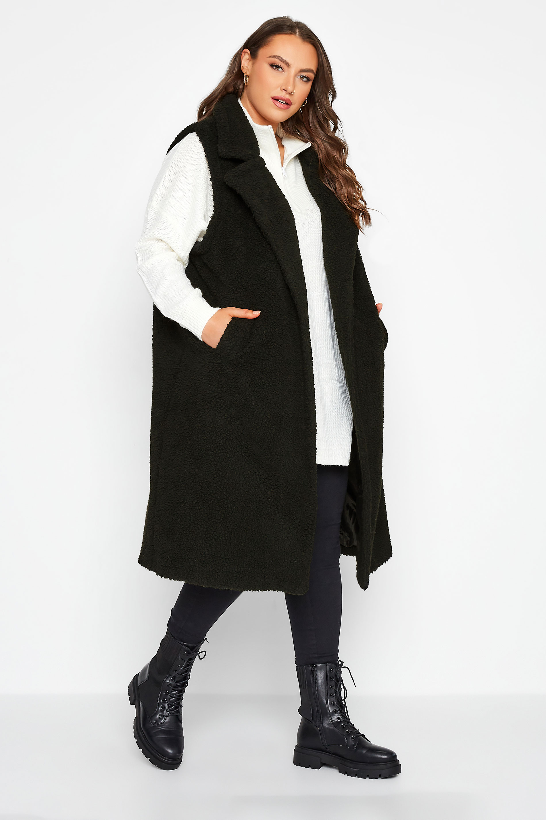 Plus Size Black Shearling Teddy Longline Gilet | Yours Clothing 1