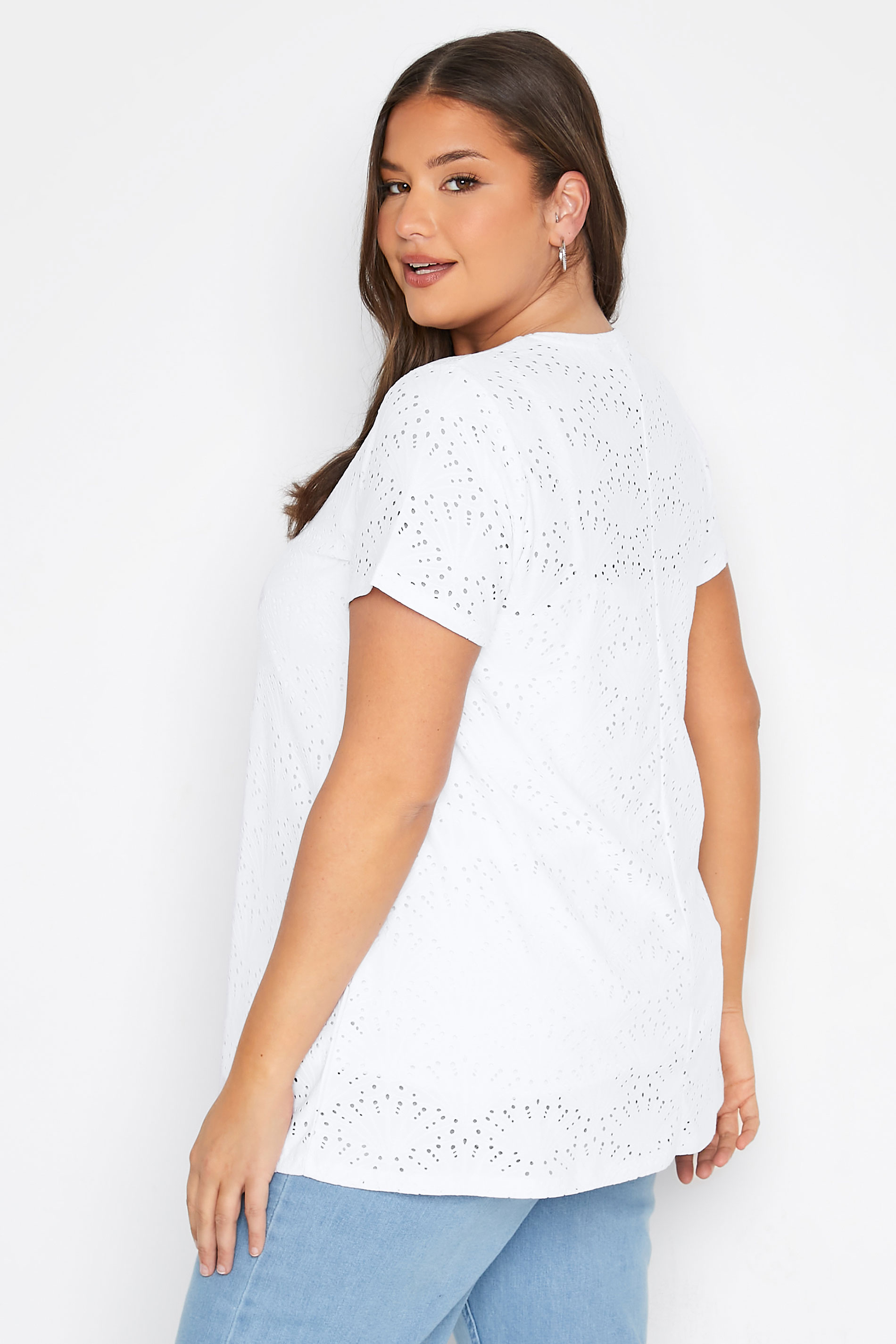 Grande taille  Tops Grande taille  Tops Jersey | Top Blanc Broderie Anglaise Manches Courtes en Jersey - GK46125