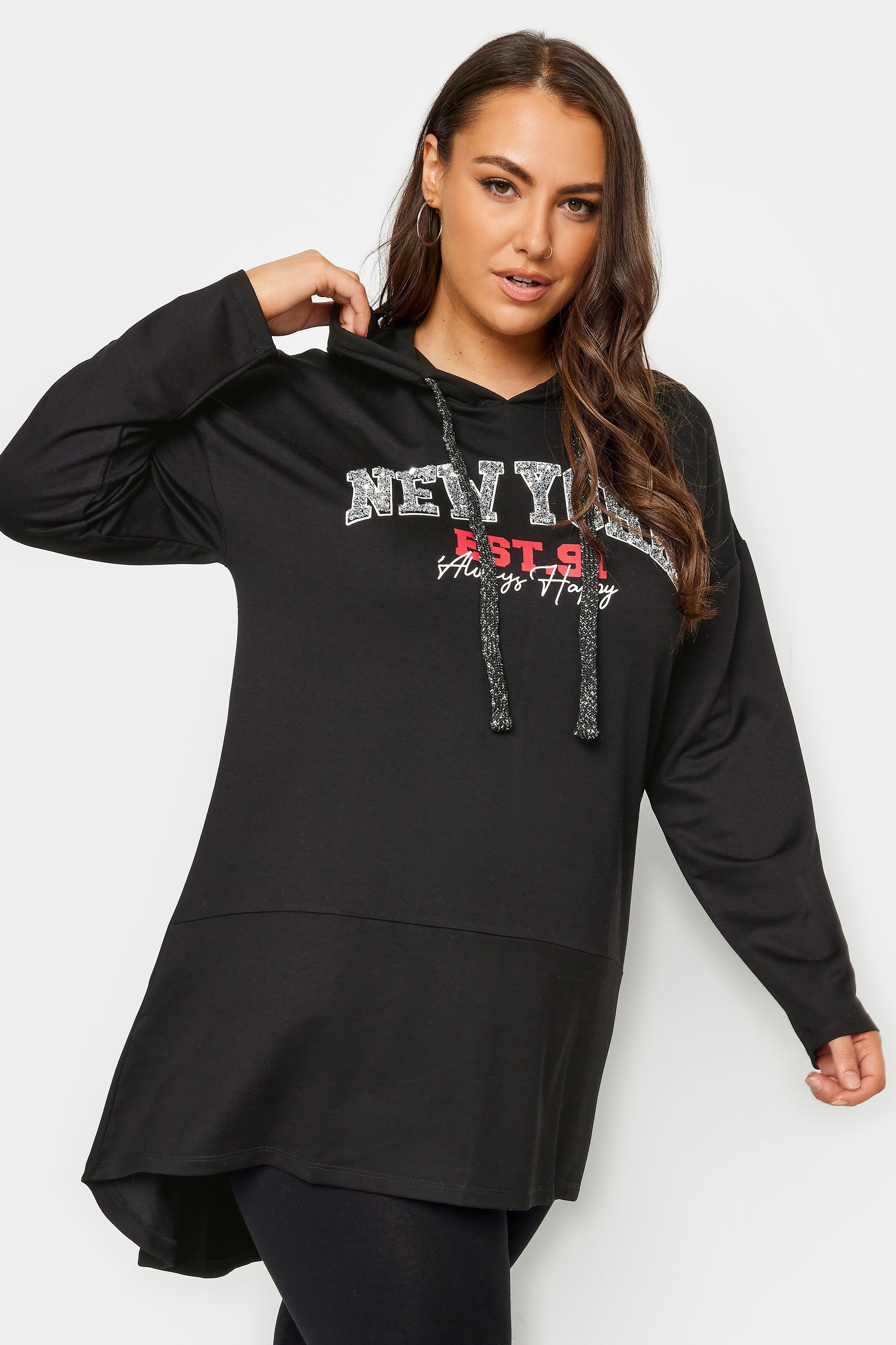 YOURS Plus Size Black 'New York' Slogan Longline Hoodie | Yours Clothing 1