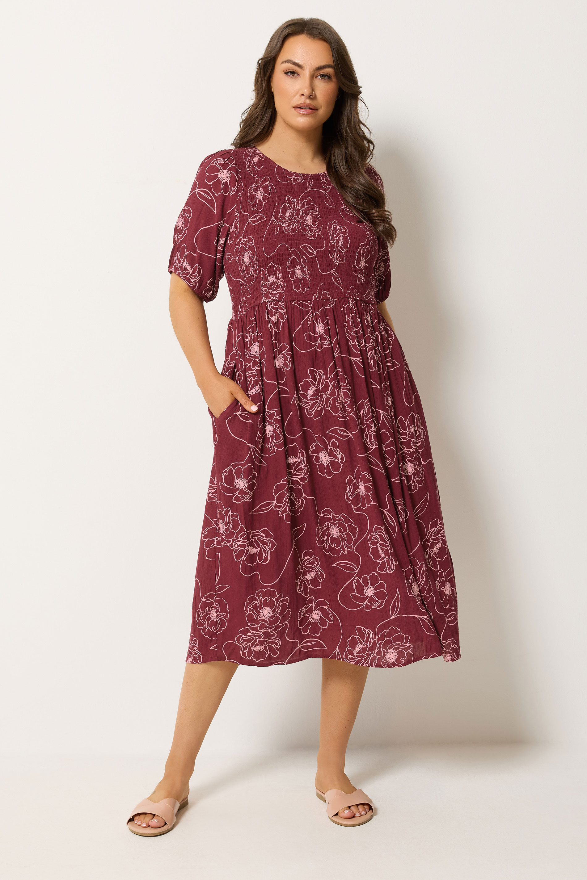 YOURS Plus Size Red Floral Swirl Puff Sleeve Shirred Dress  | Yours Clothing 3