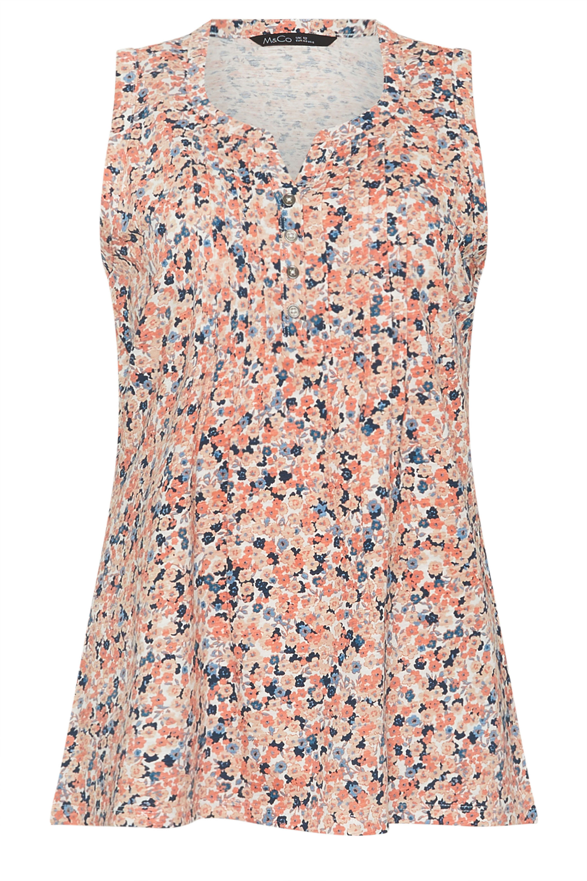 M&Co Orange Ditsy Floral Sleeveless Cotton Henley Top | M&Co 5