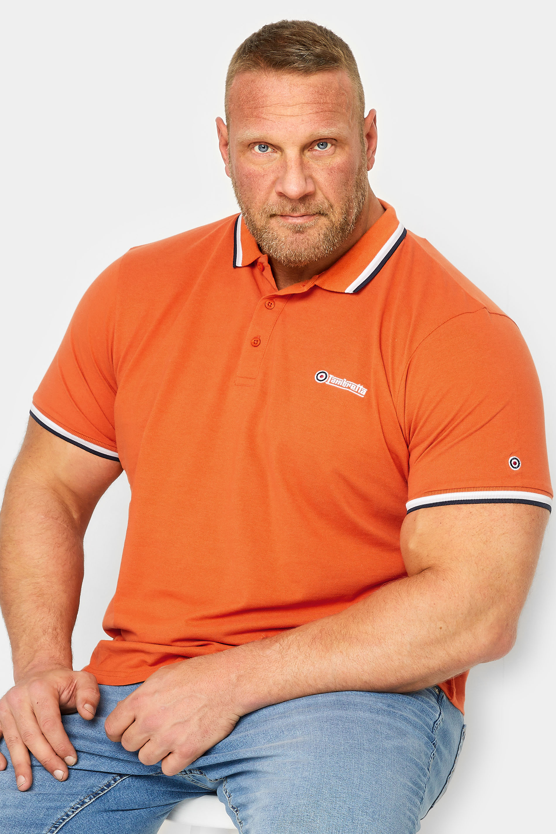 LAMBRETTA Big & Tall Plus Size Orange Logo Double Stripe Polo Shirt | BadRhino  1