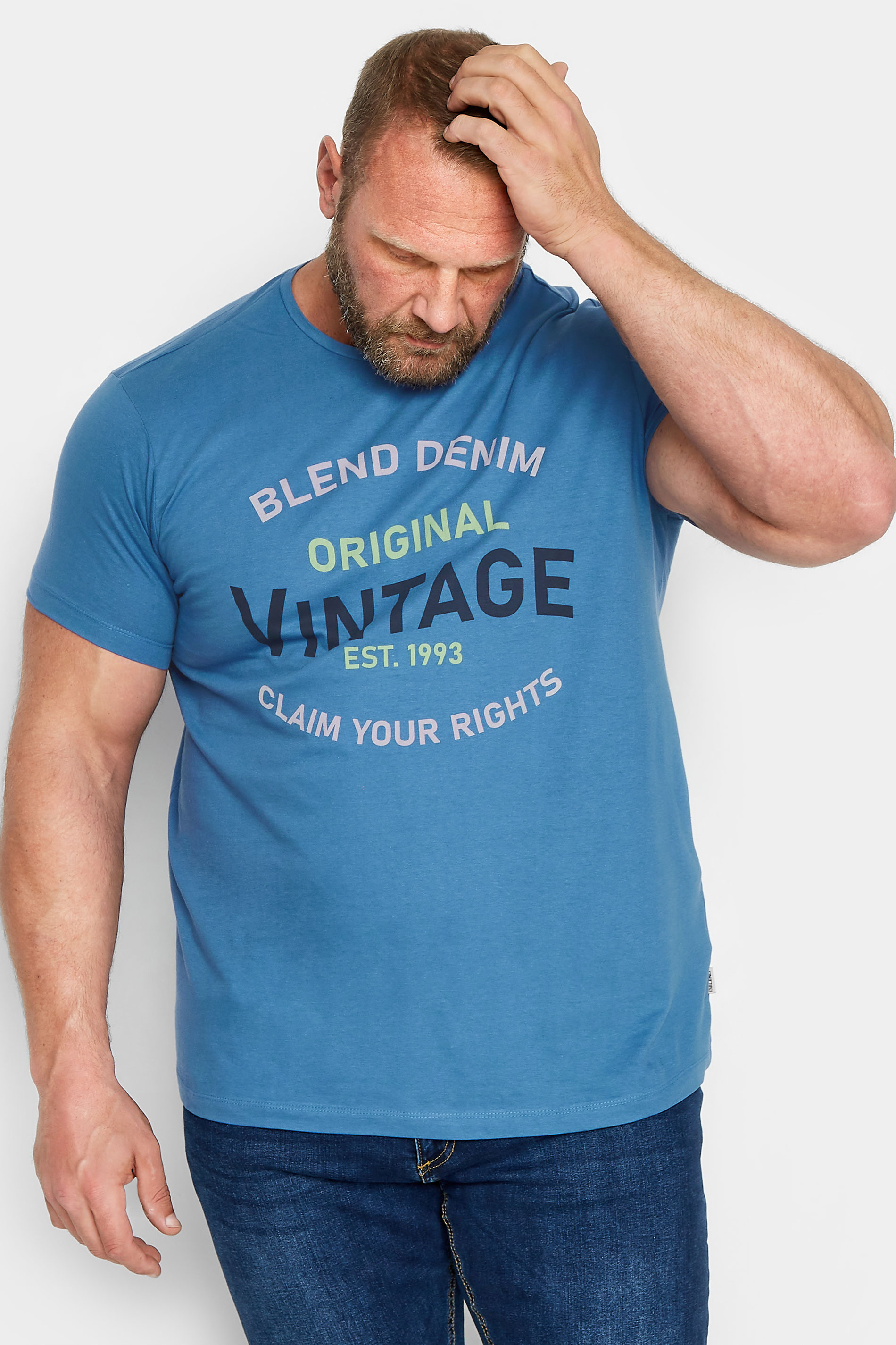 BLEND Big & Tall Blue Vintage Logo Print T-Shirt | BadRhino 1