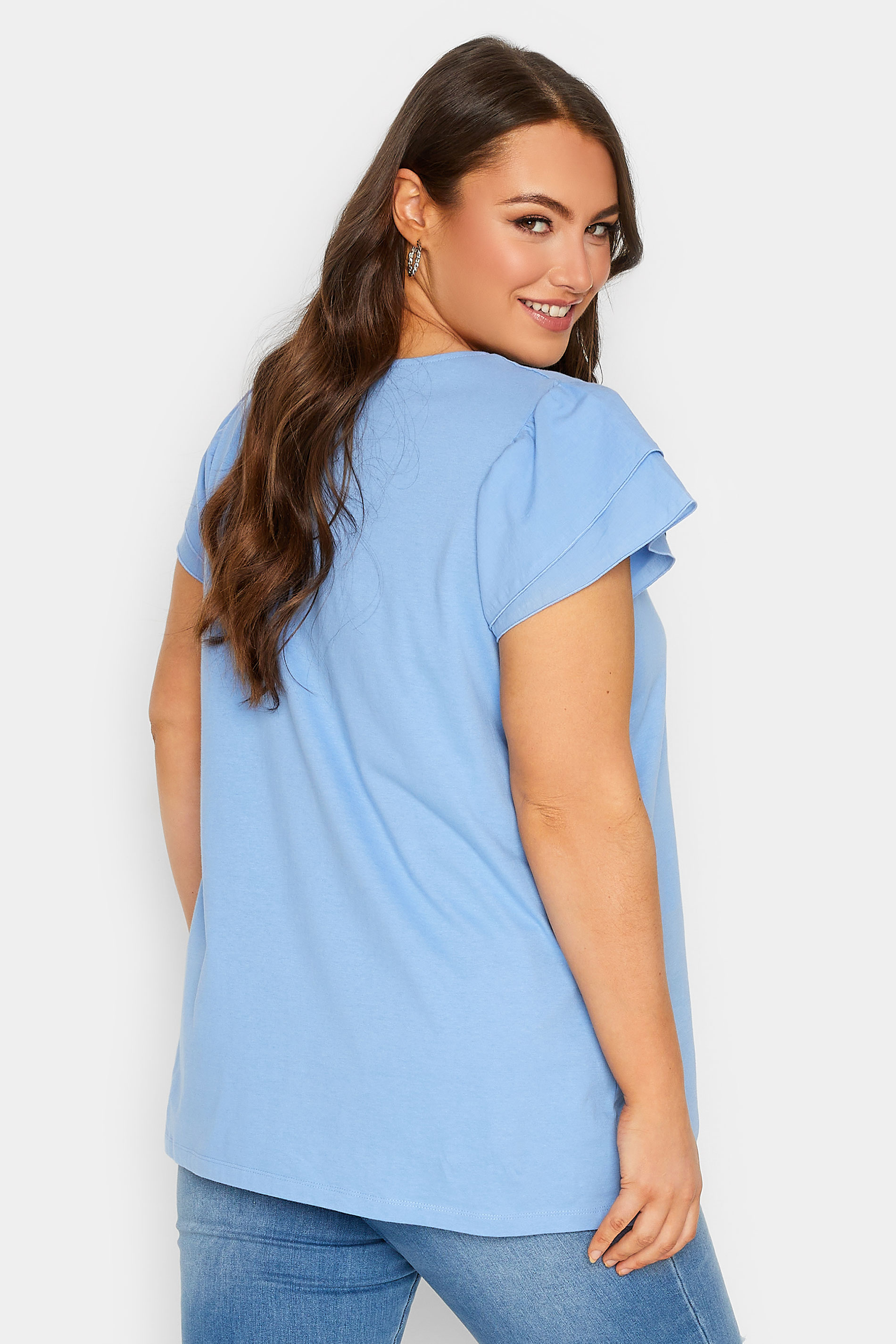 YOURS Plus Size Blue Frill Sleeve T-Shirt | Yours Clothing 3
