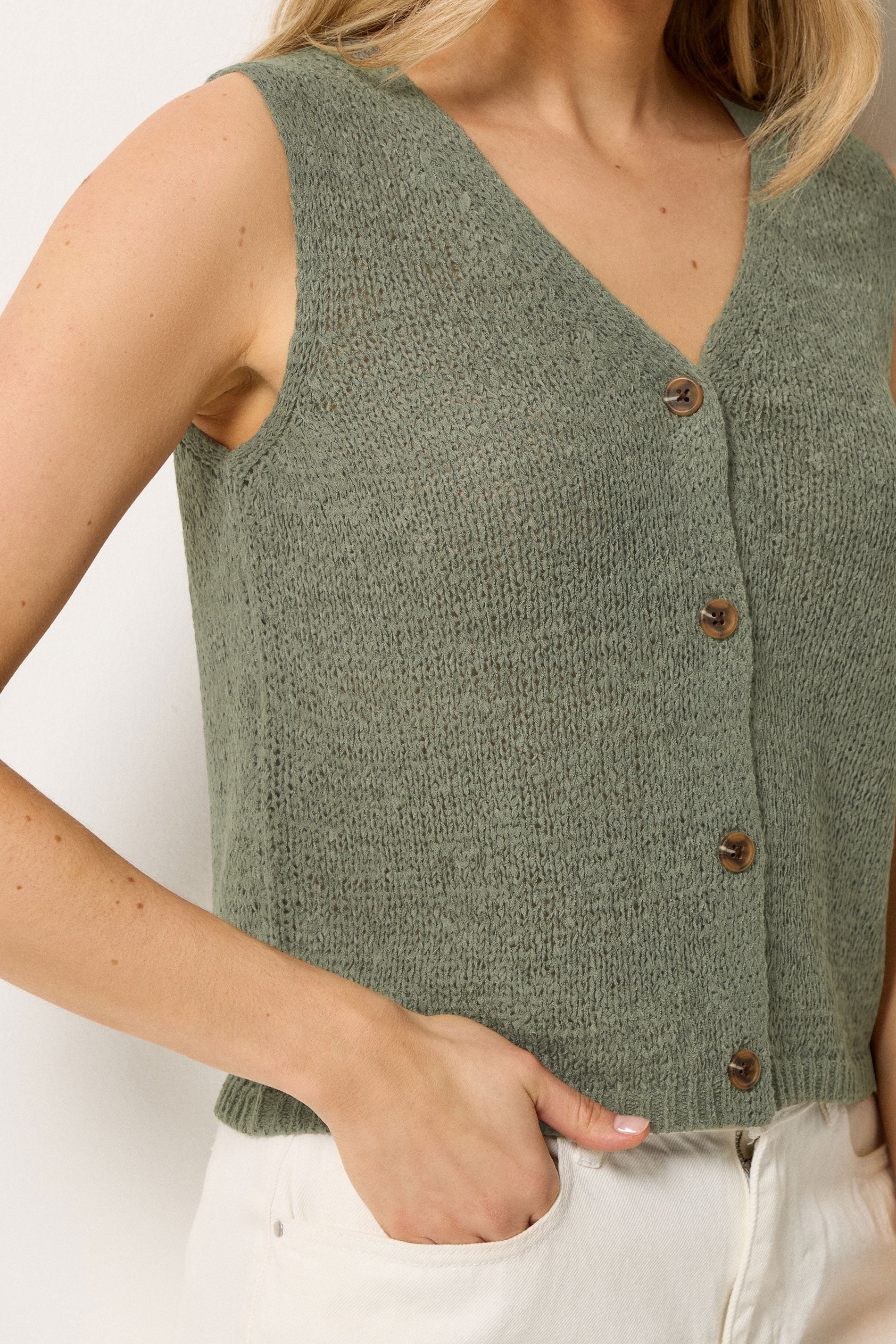 LTS Tall Women's Sage Green Button Knitted Vest Top | Long Tall Sally 5