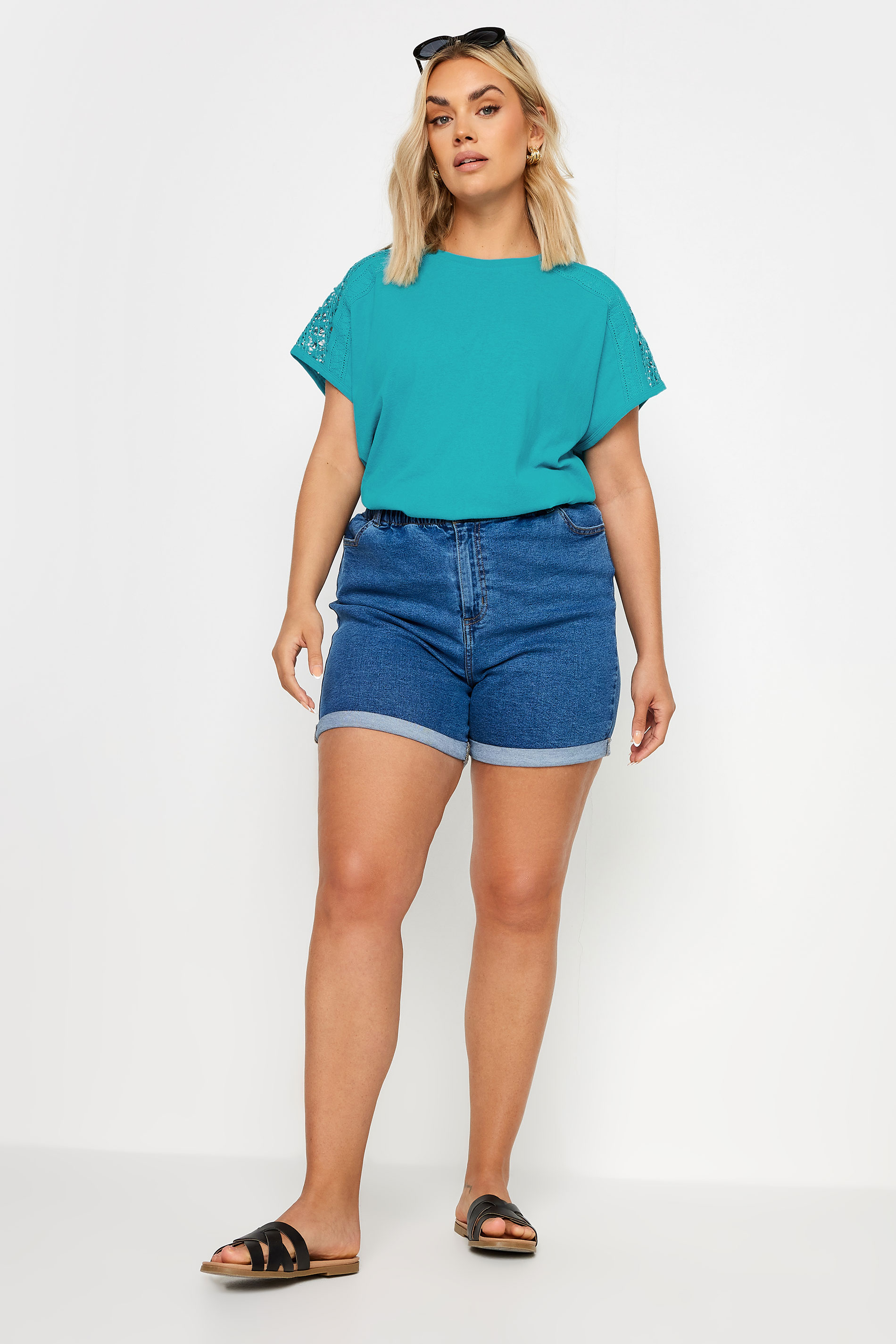 YOURS Plus Size Blue Crochet Detail Linen T-Shirt | Yours Clothing 2