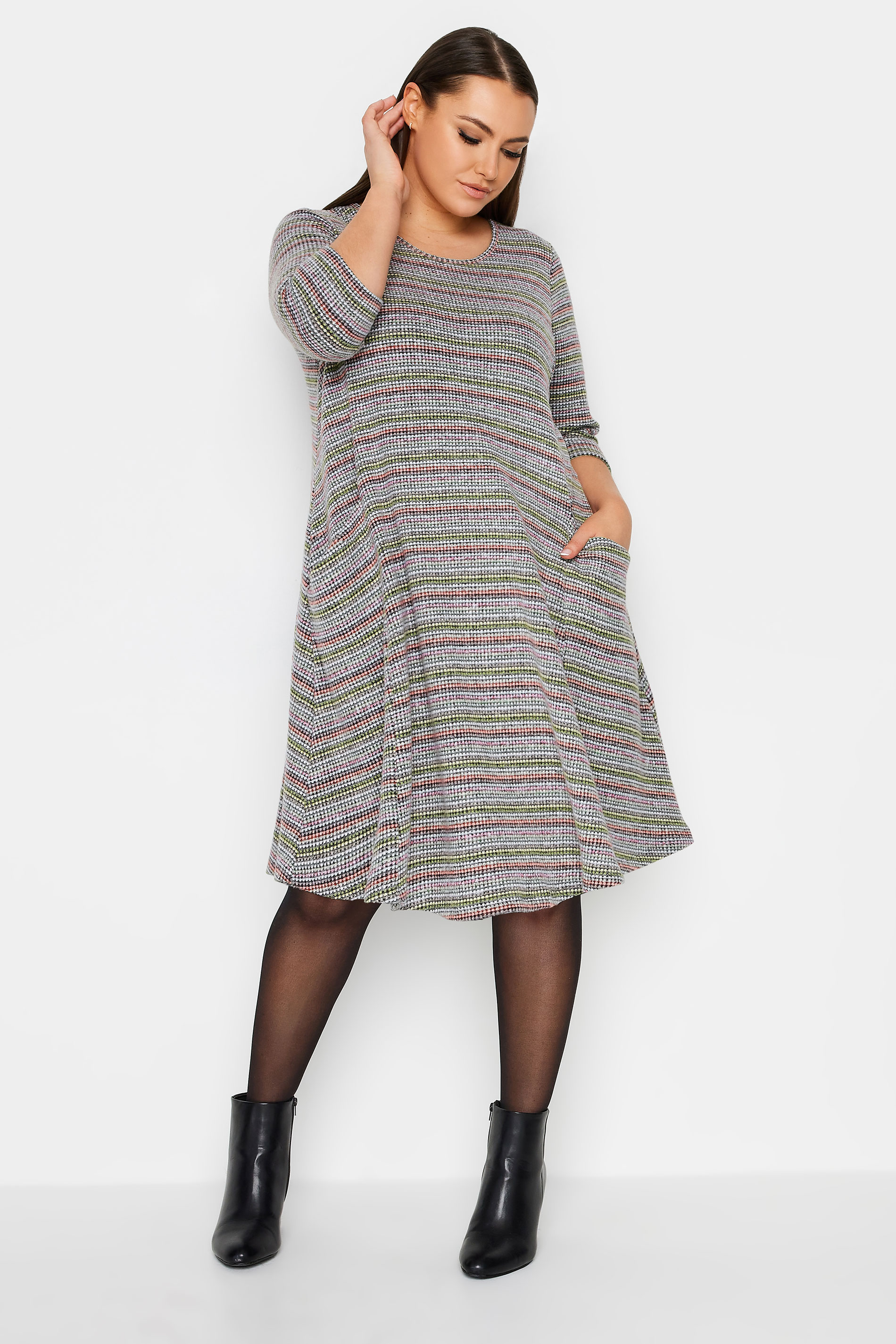 YOURS Plus Size Grey Stripe Soft Touch Pocket Dress | Yours Clothing 2
