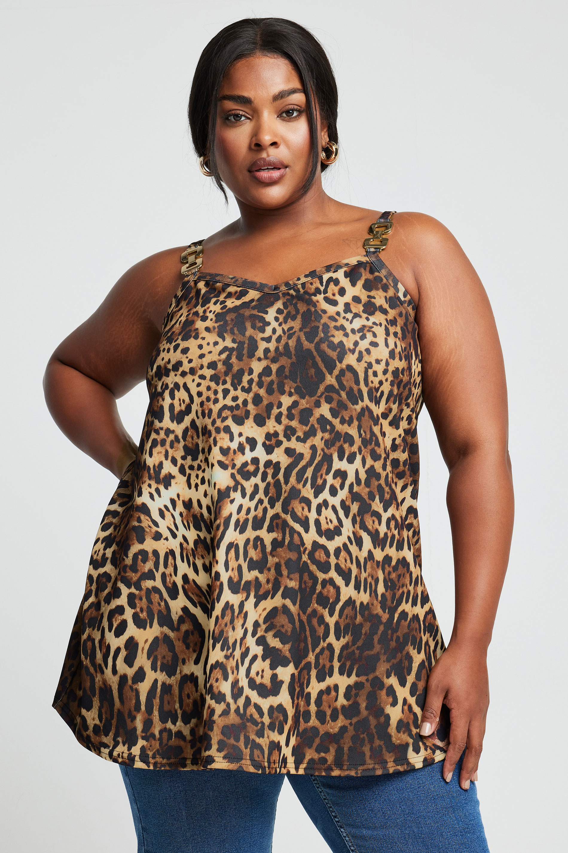LIMITED COLLECTION Plus Size Brown Leopard Print Chain Strap Cami Top | Yours Clothing 1