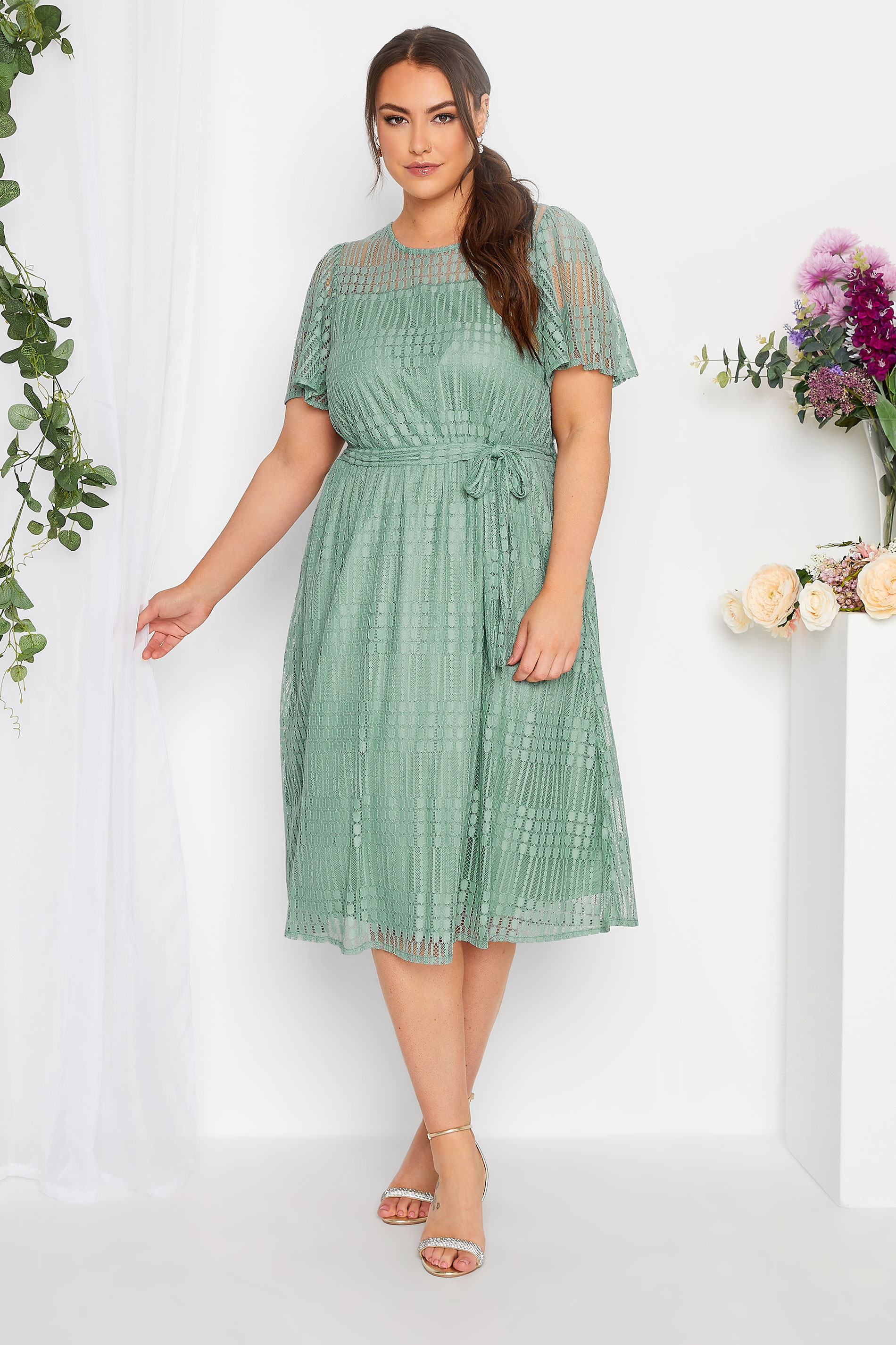 YOURS LONDON Plus Size Curve Sage Green Lace Skater Dress | Yours Clothing  1