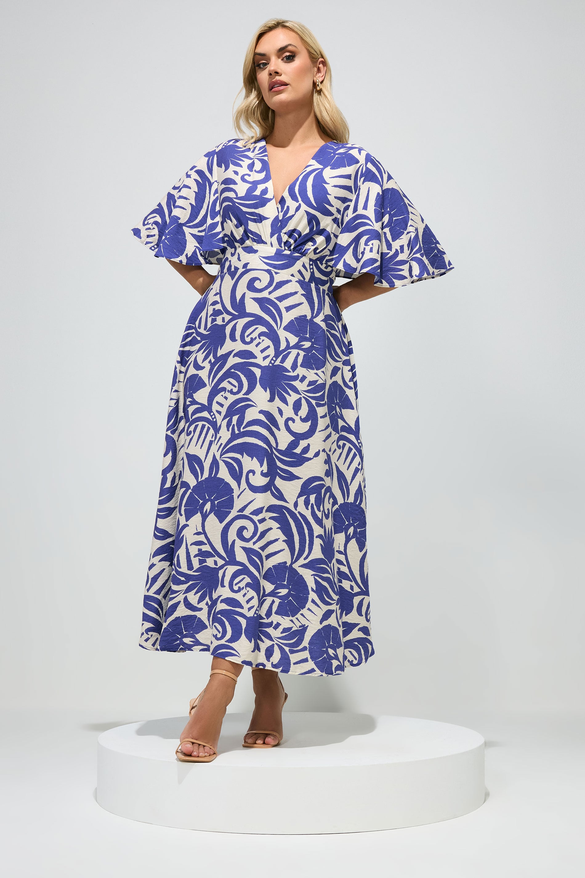 YOURS LONDON Plus Size Blue Floral Linen Look Wrap Dress | Yours Clothing 1