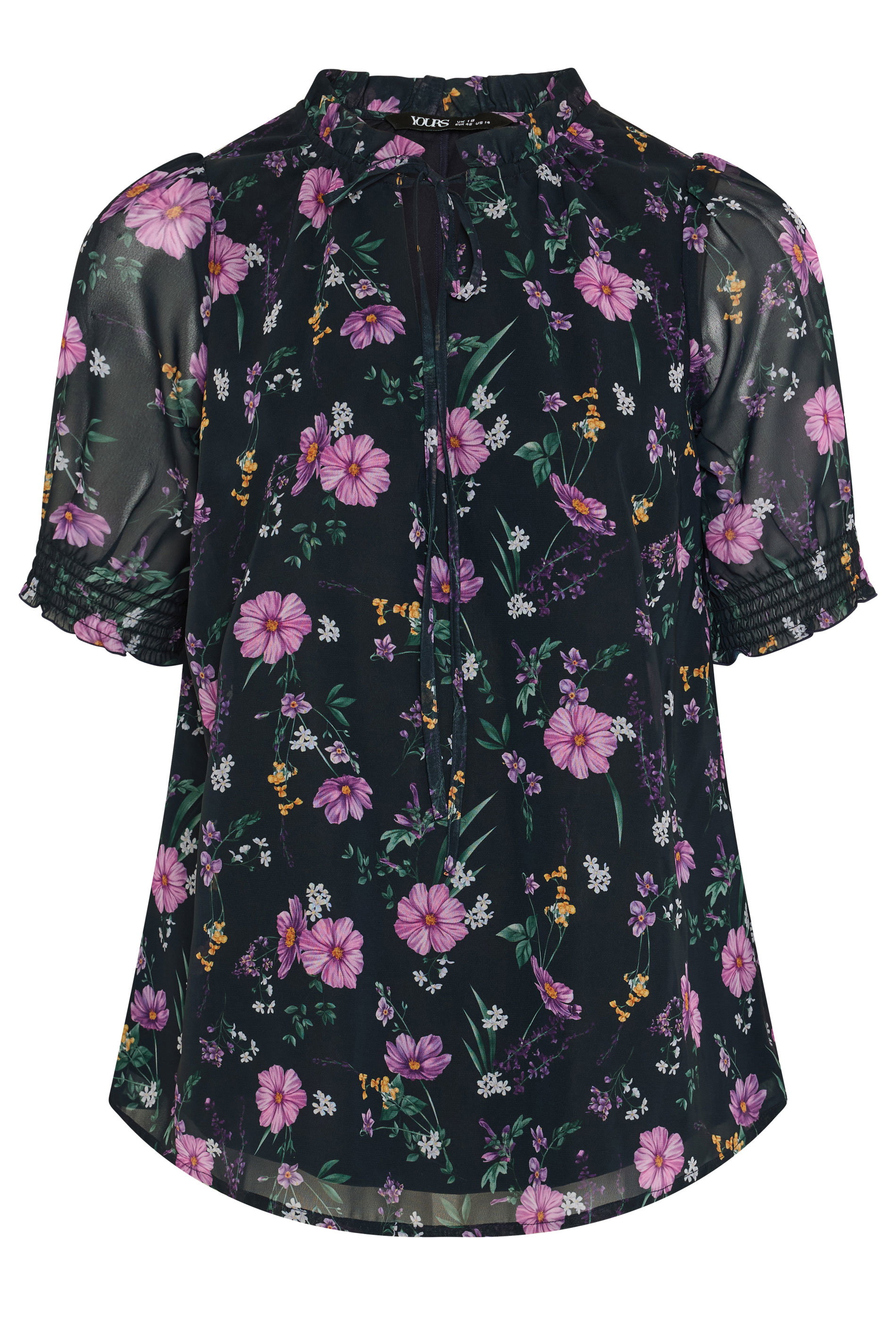 YOURS Plus Size Black Floral Frill Tie Neck Blouse | Yours Clothing 5