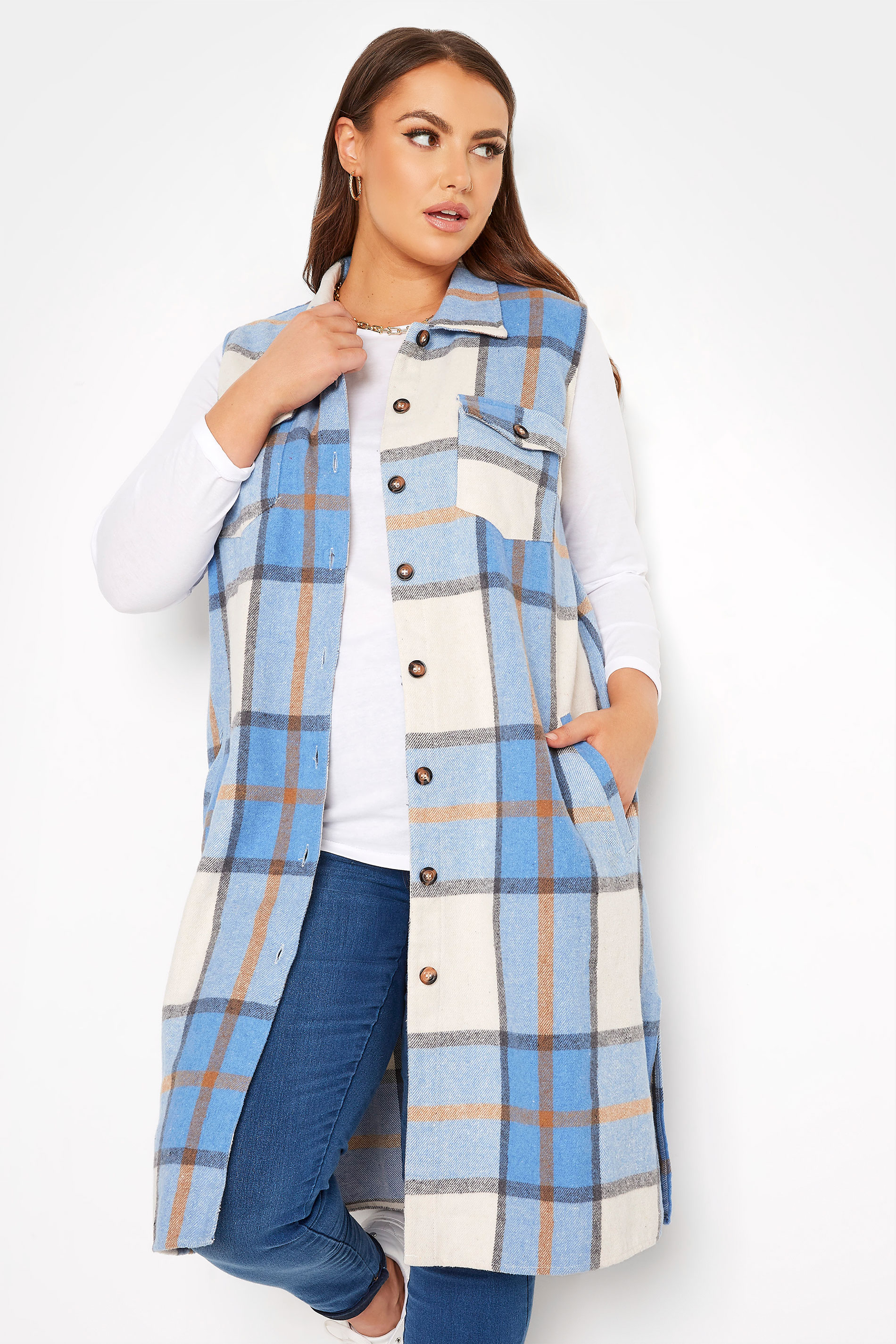 LIMITED COLLECTION Curve Blue Checked Longline Sleeveless Shacket_A.jpg