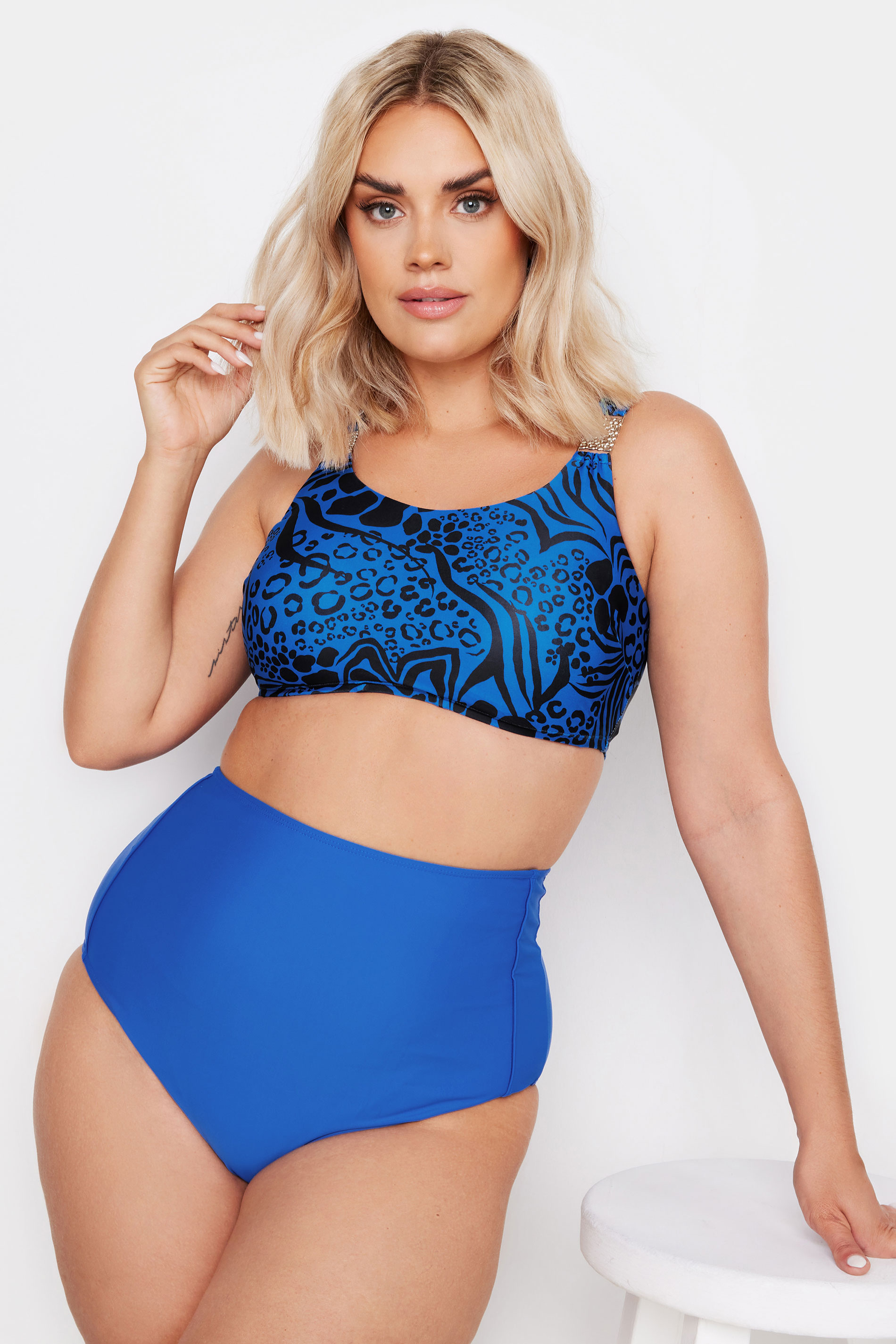 YOURS Plus Size Cobalt Blue Mixed Animal Print Bikini Top | Yours Clothing 2