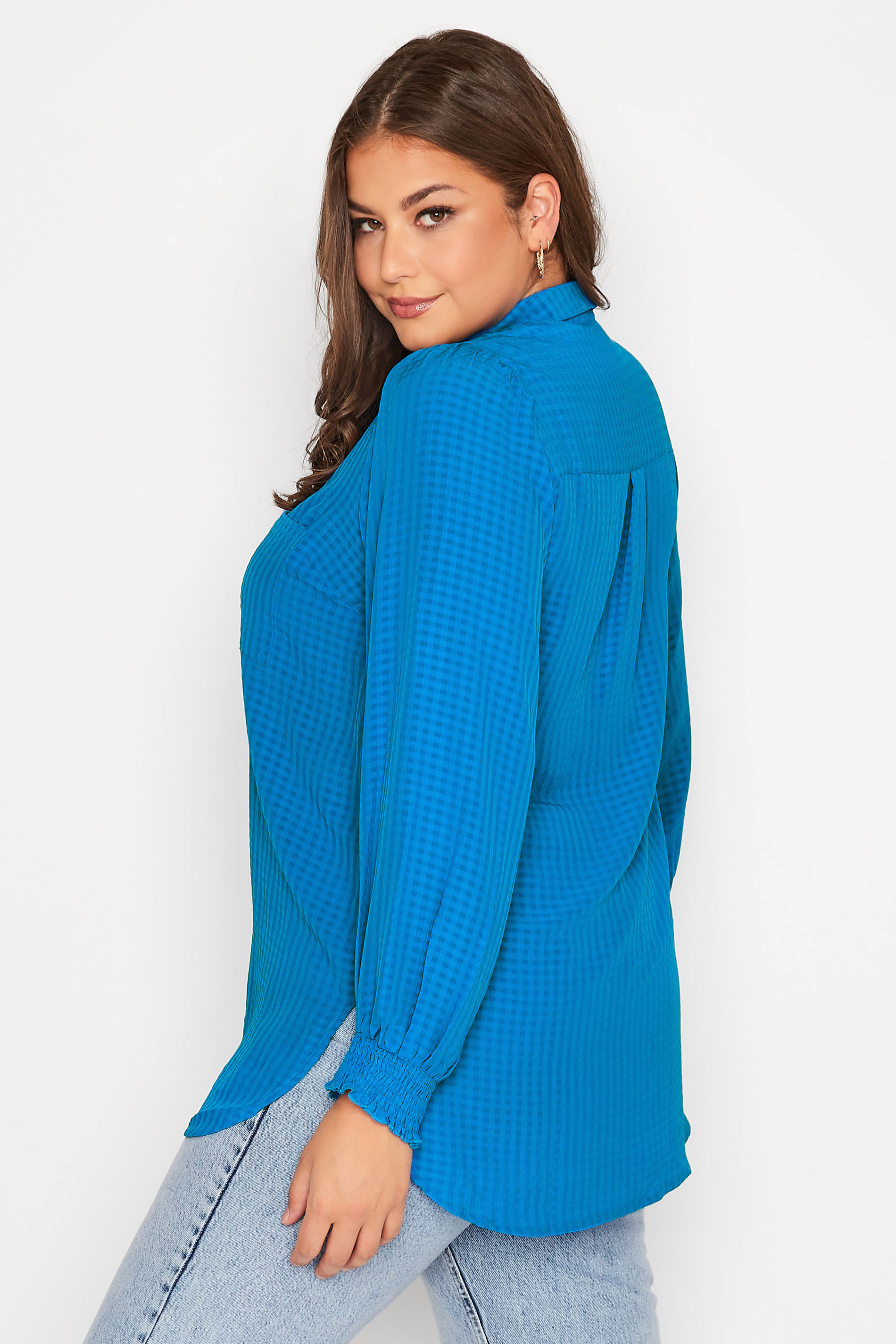 Plus Size Blue Jacquard Check Shirred Cuff Blouse | Yours Clothing 3