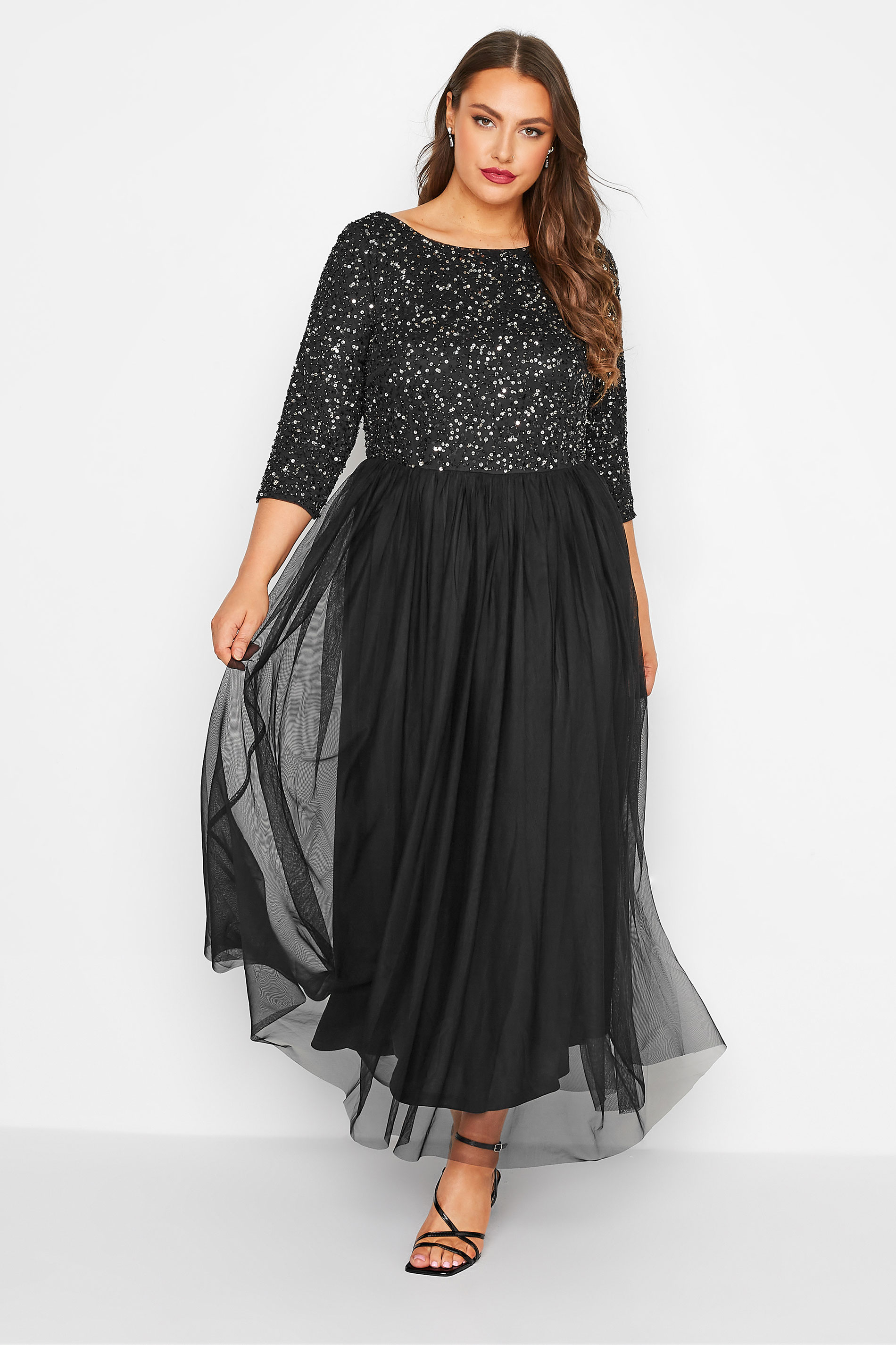 LUXE Plus Size Black Sequin Hand Embellished Maxi Dress | Yours Clothing 1