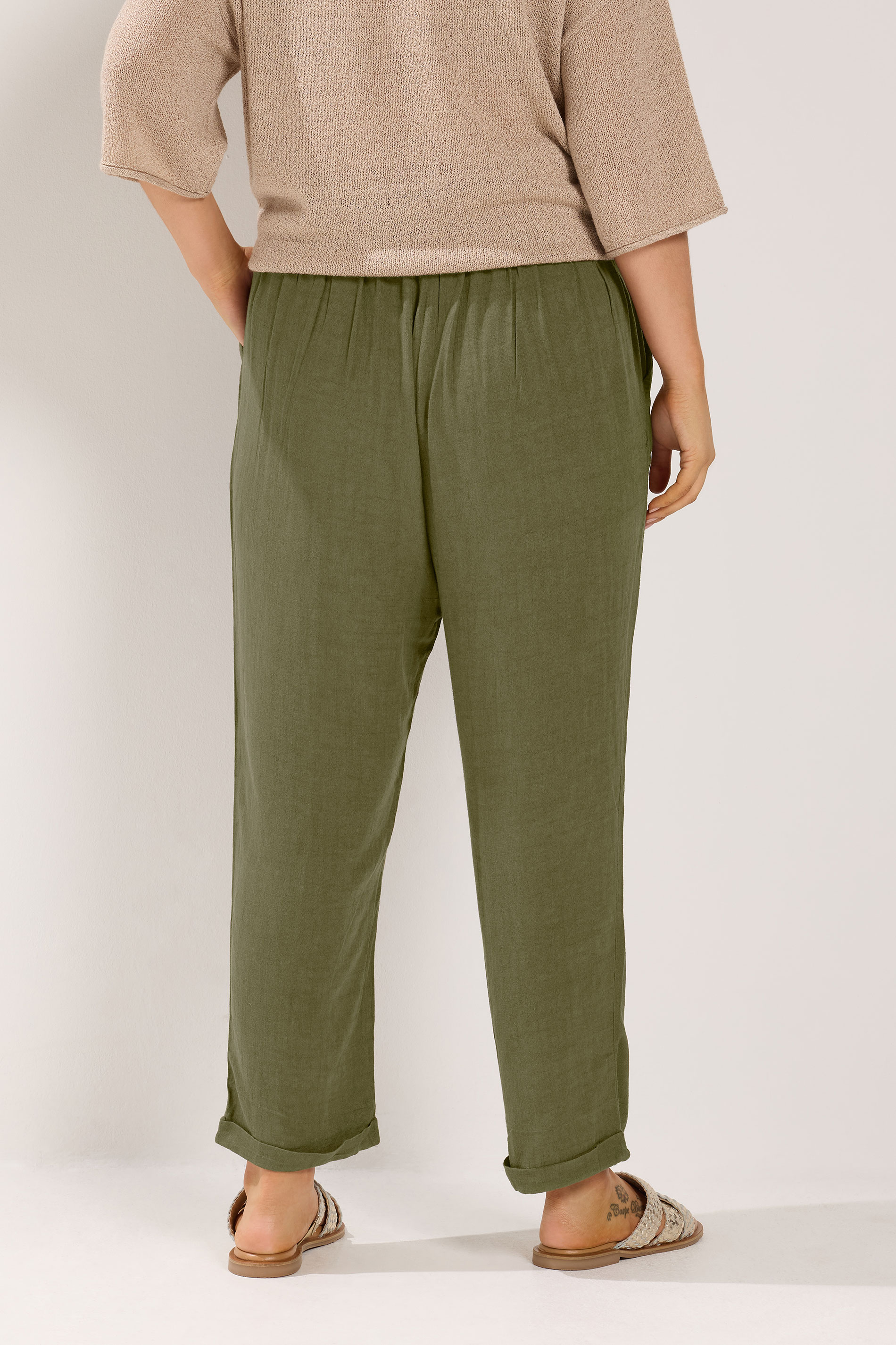 YOURS Plus Size Khaki Green Formal Linen Trousers | Yours Clothing 4