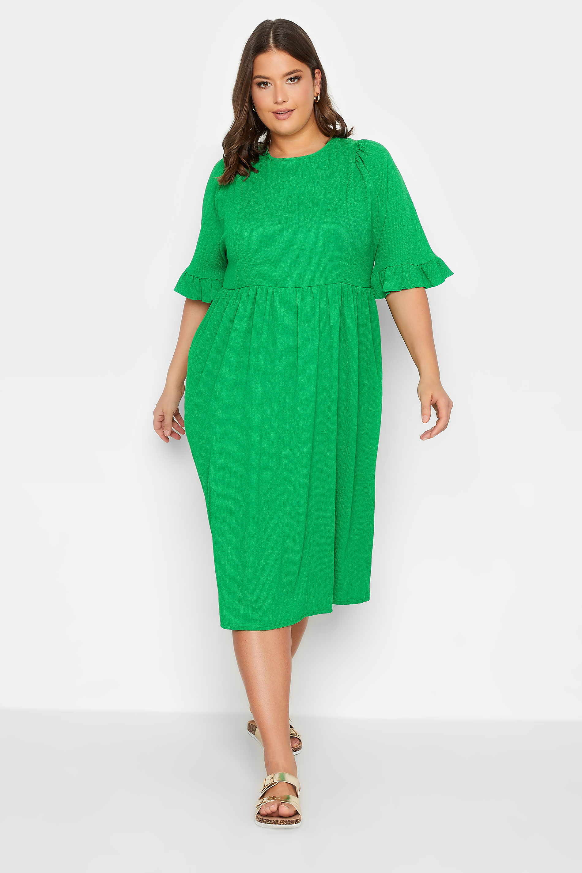 YOURS Plus Size Green Textured Smock Midi Dress | Yours Clothing 2