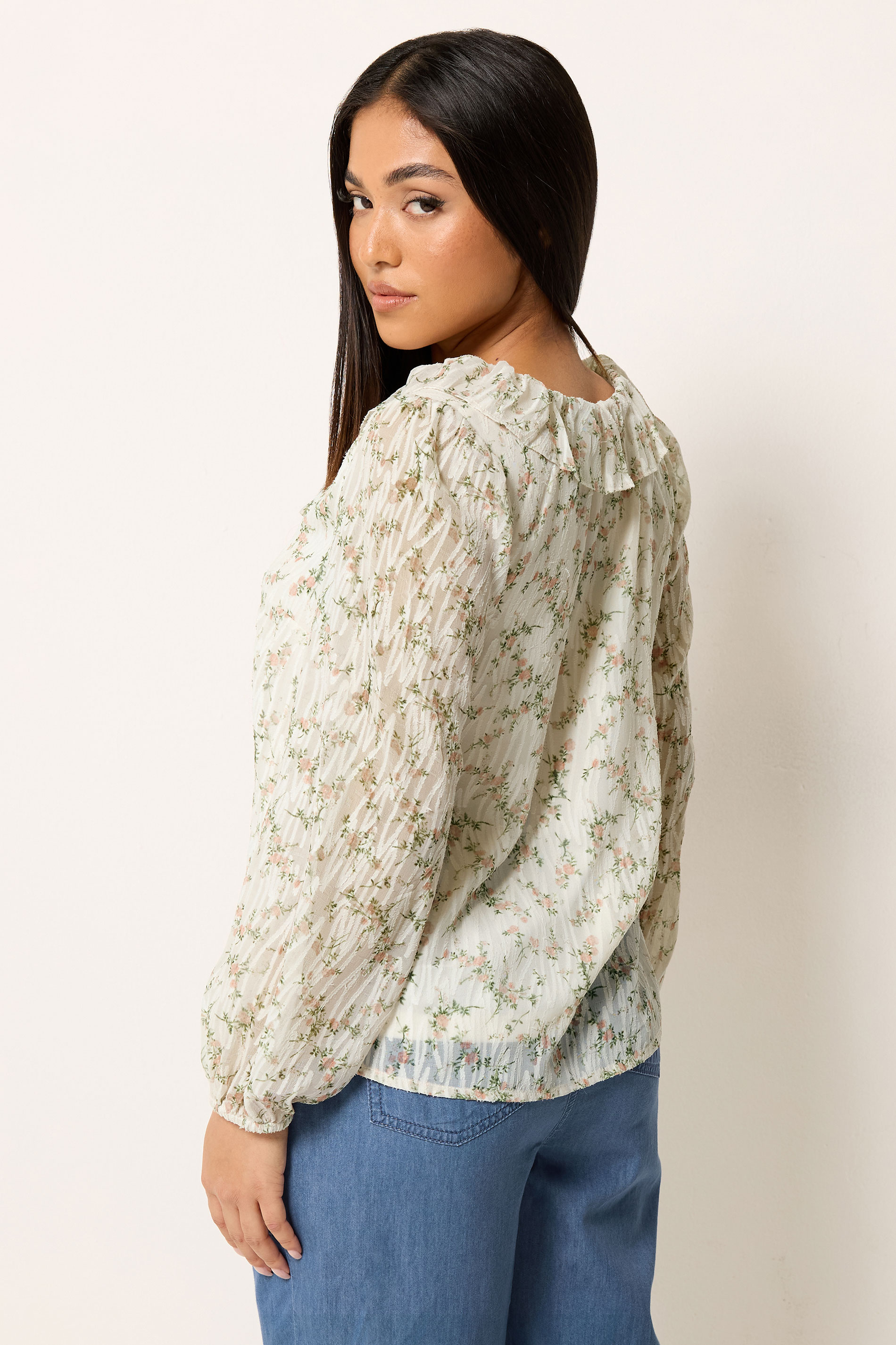 M&Co Petite Ivory White Floral Ruffle Tie Neck Blouse | M&Co 2