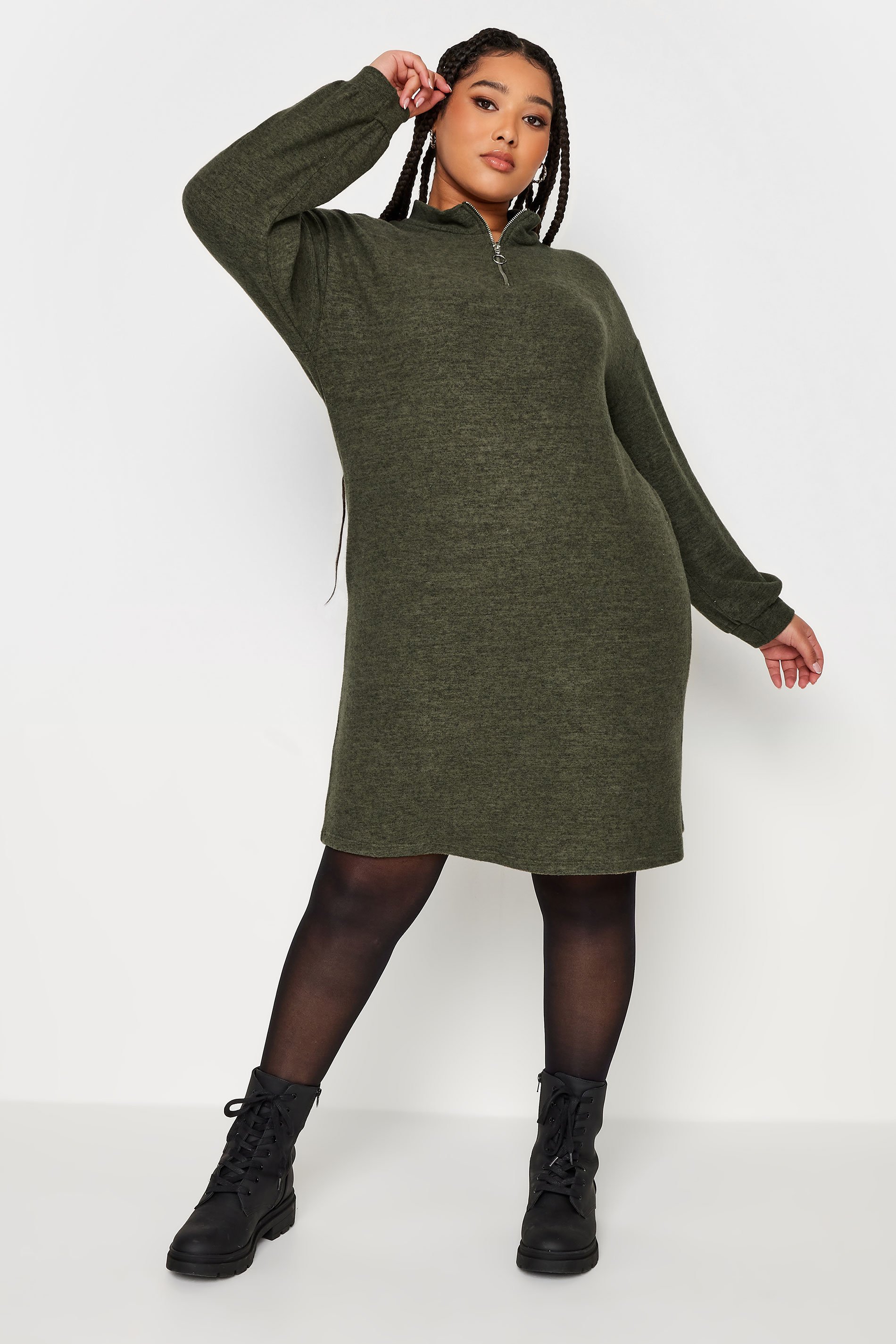 YOURS Plus Size Green Soft Touch Zip Neck Jumper Dress | Yours Clothing