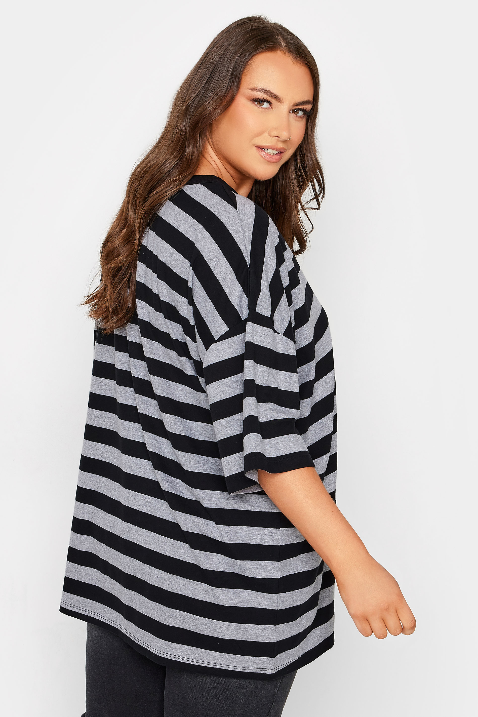 YOURS Plus Size Curve Grey Stripe Oversized Boxy T-Shirt | Yours Clothing  3