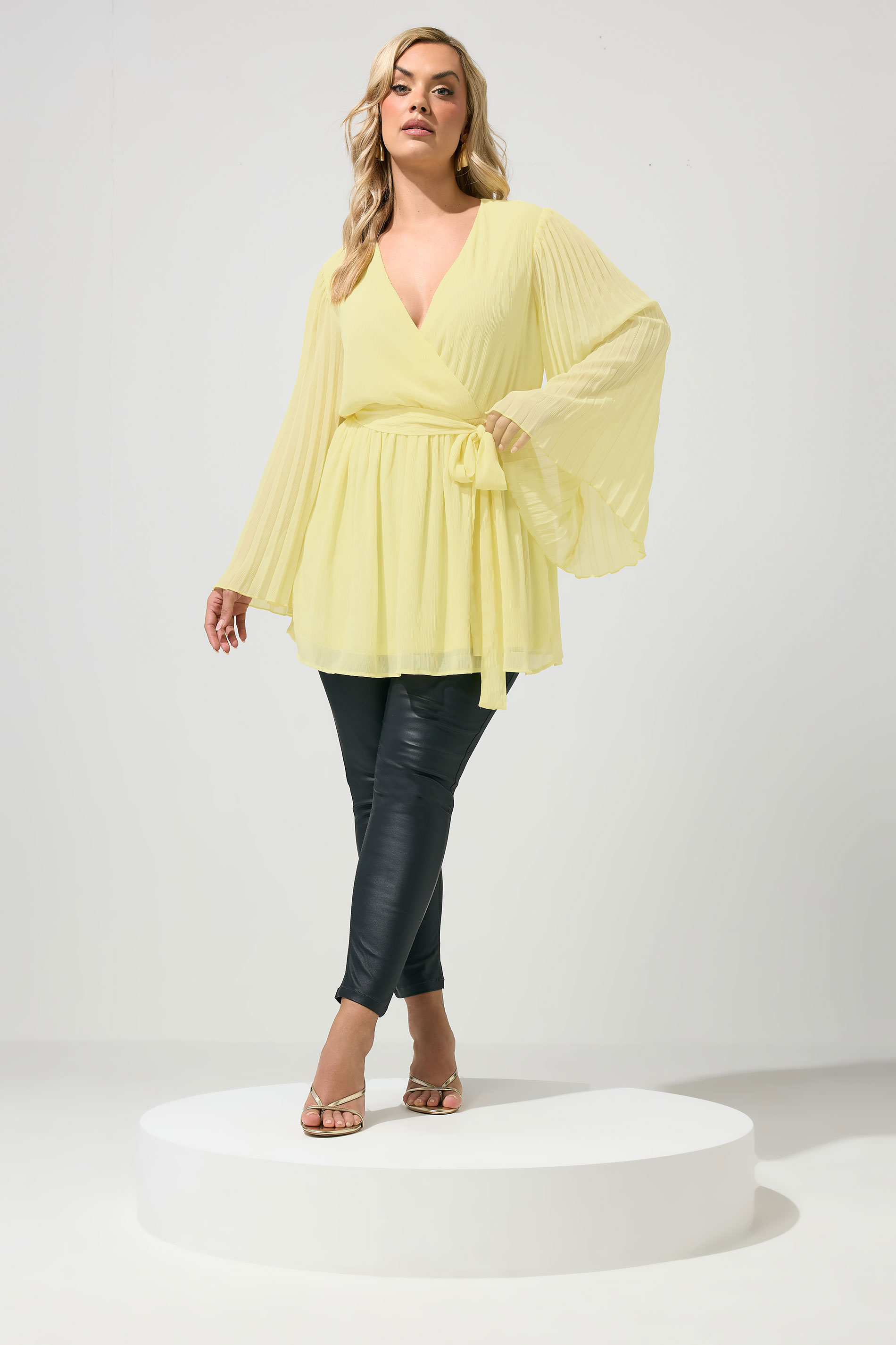 YOURS LONDON Plus Size Yellow Pleat Sleeve Wrap Top | Yours Clothing 1