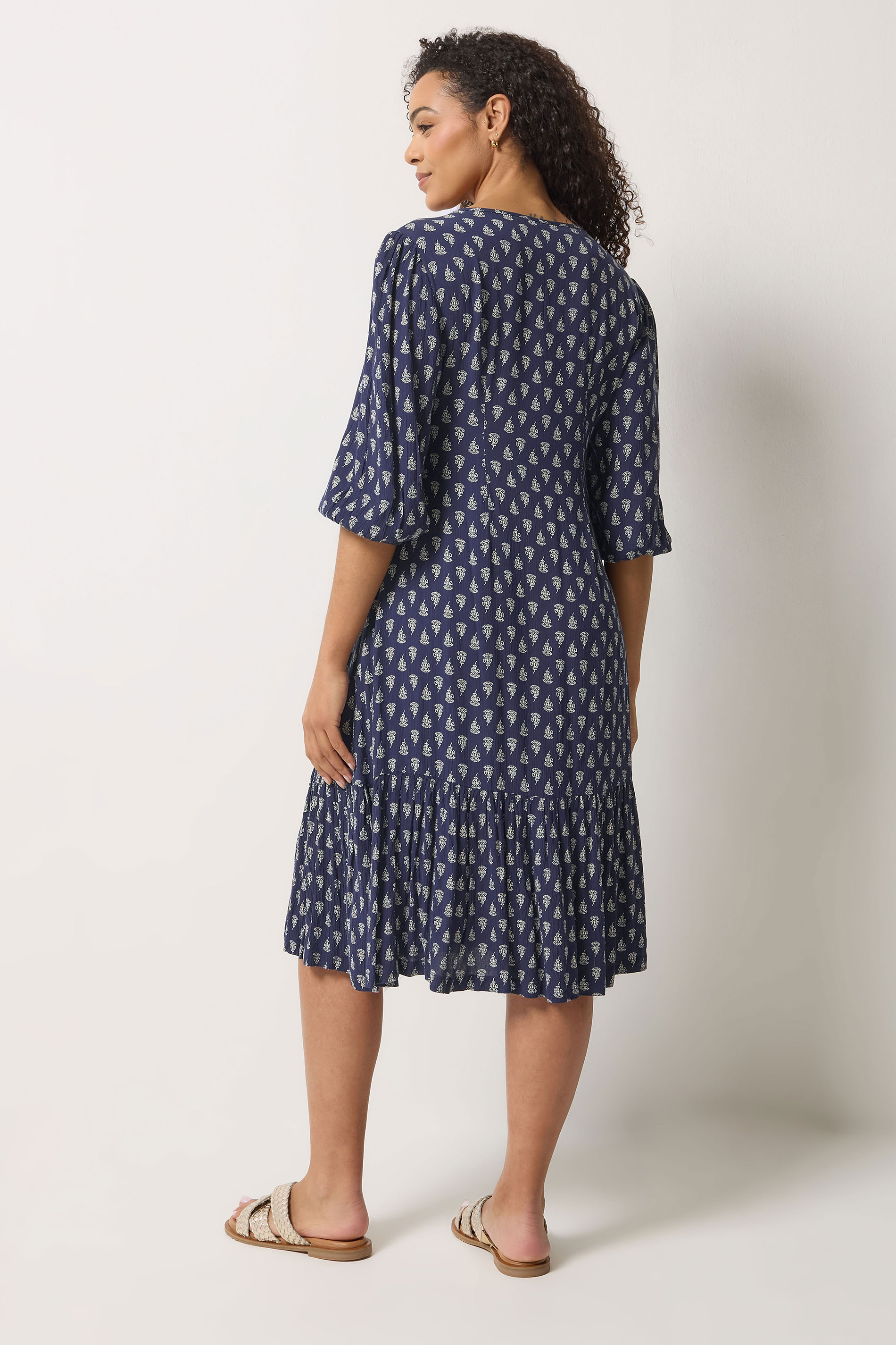 M&Co Navy Blue Aztec Print Tiered Midi Dress | M&Co 2