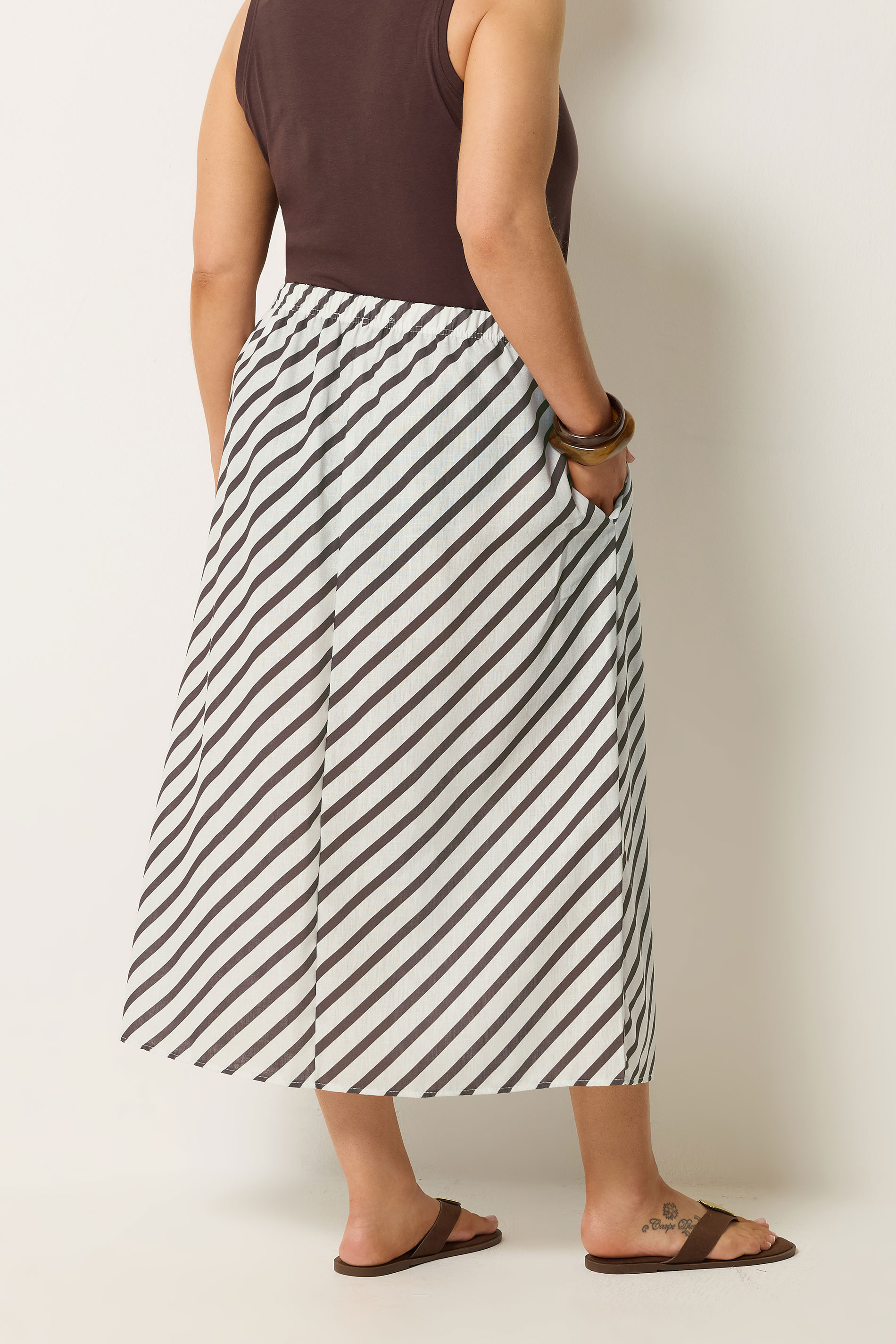YOURS Plus Size Chocolate Brown Linen Look Stripe Skirt | Yours Clothing 2