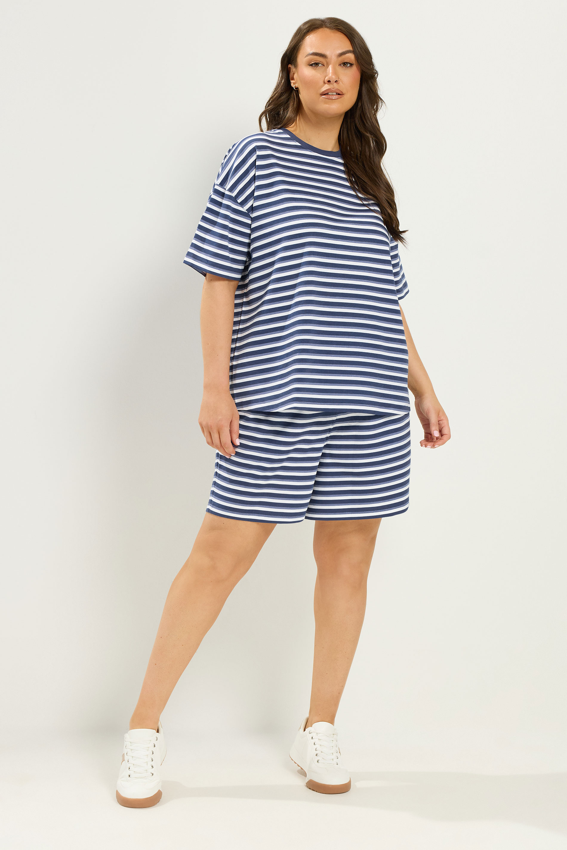 YOURS Plus Size Blue Stripe T-Shirt & Shorts Co-ord | Yours Clothing 1