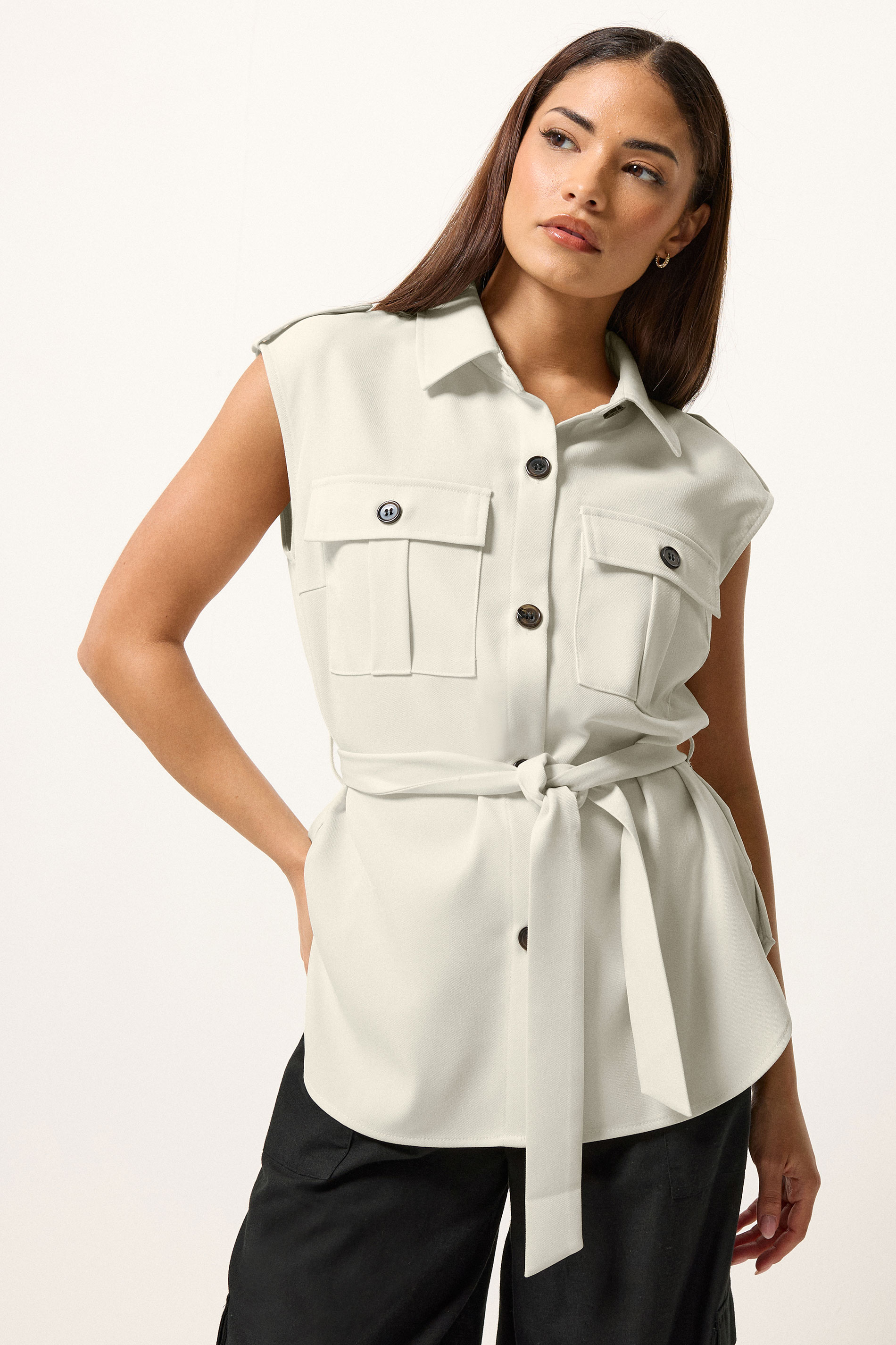 PixieGirl Petite Women's Ivory White Belted Utility Shirt | PixieGirl  1