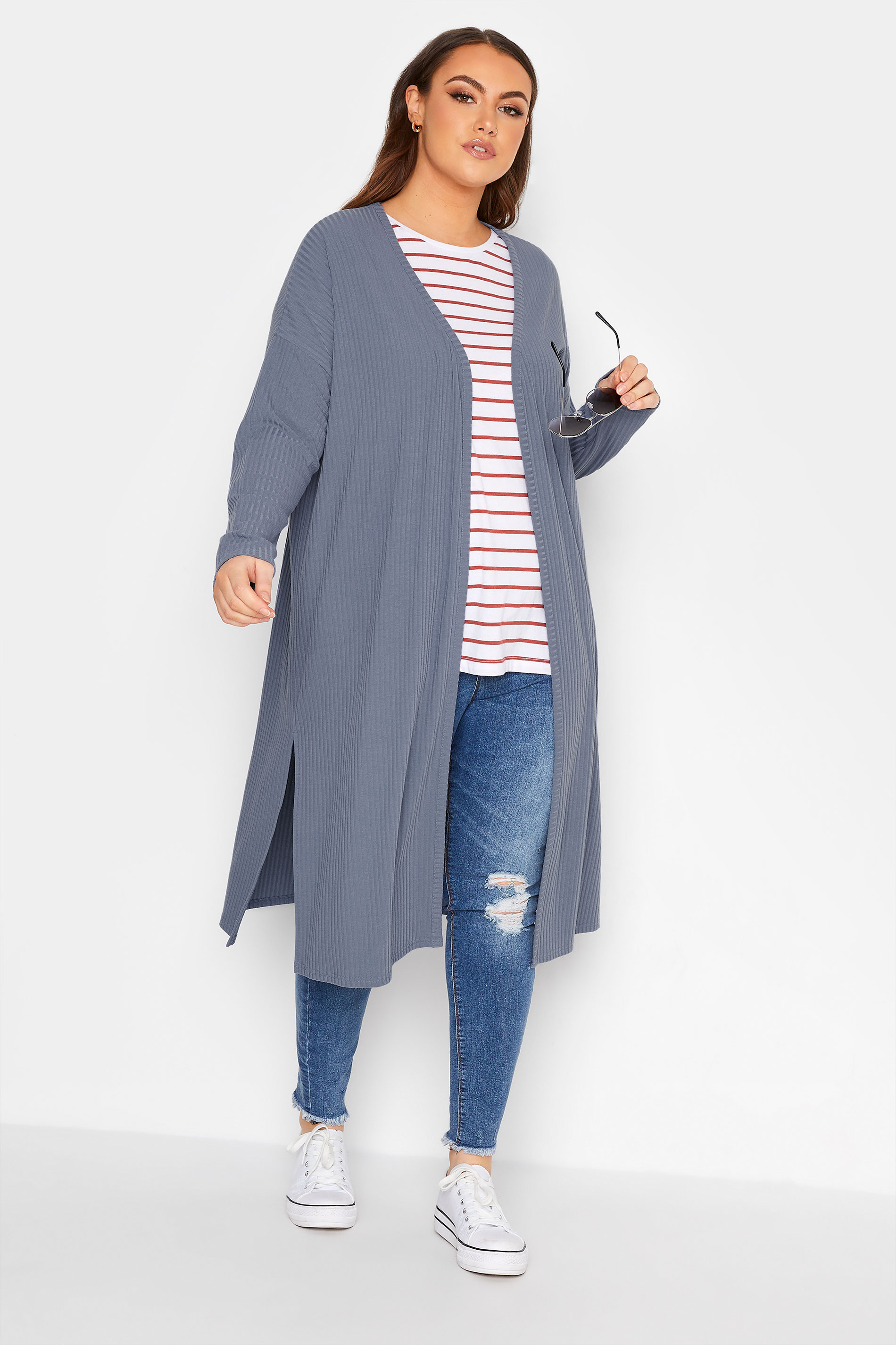 LIMITED COLLECTION Plus Size Denim Blue Ribbed Side Split Cardigan