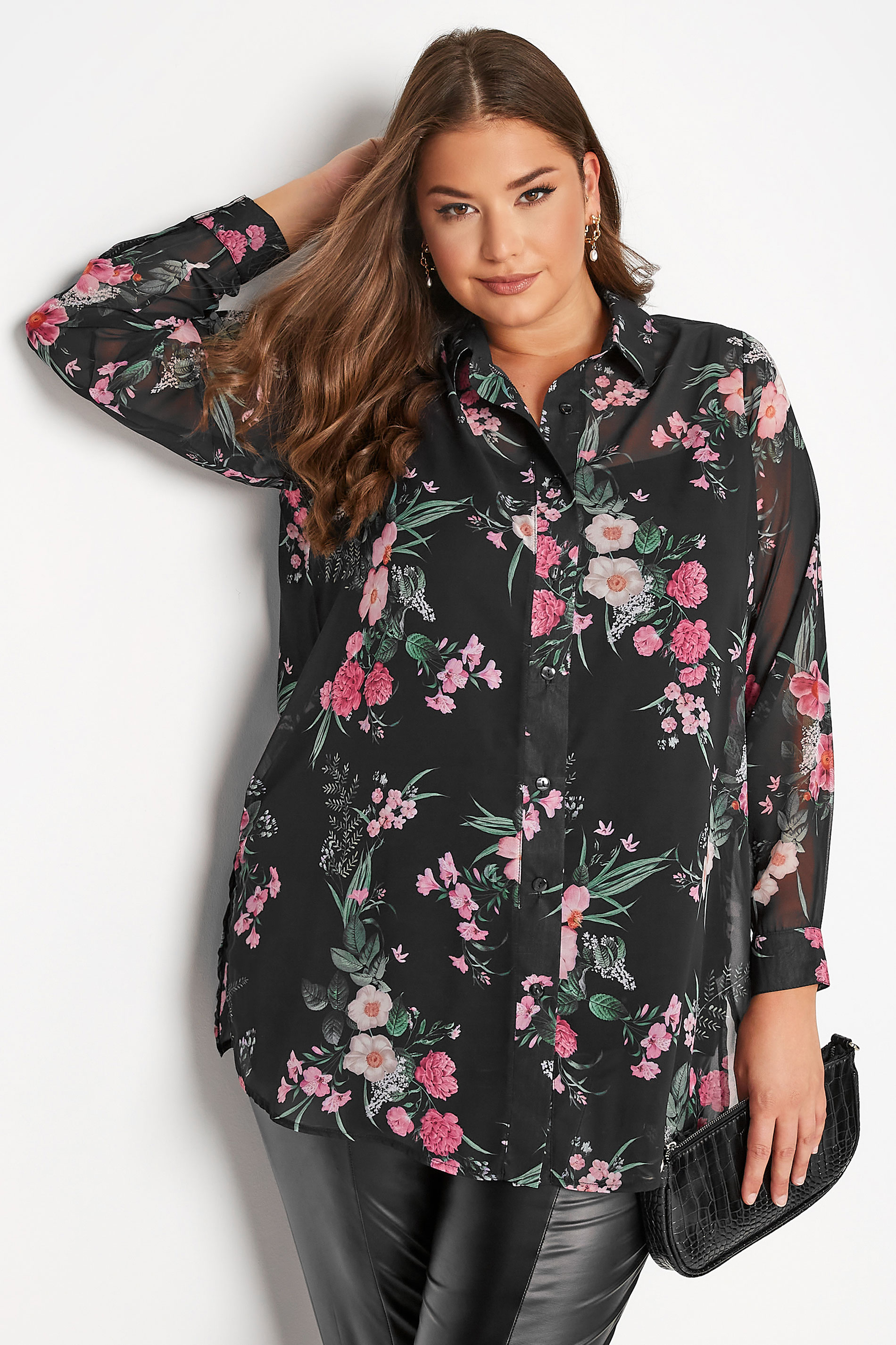 YOURS LONDON Curve Black Floral Chiffon Shirt | Yours Clothing 1