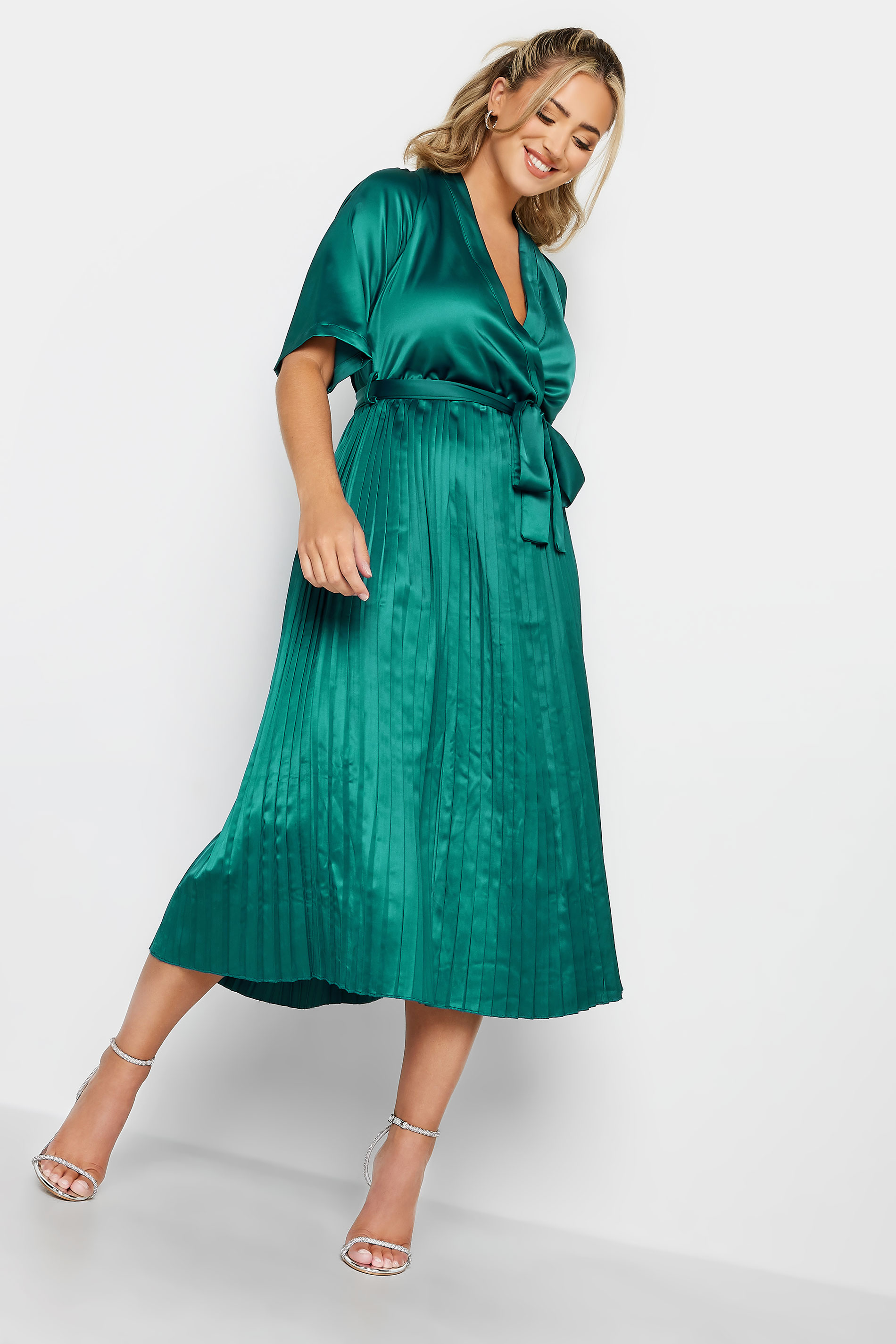 YOURS LONDON Plus Size Green Satin Pleated Wrap Dress | Yours Clothing 2